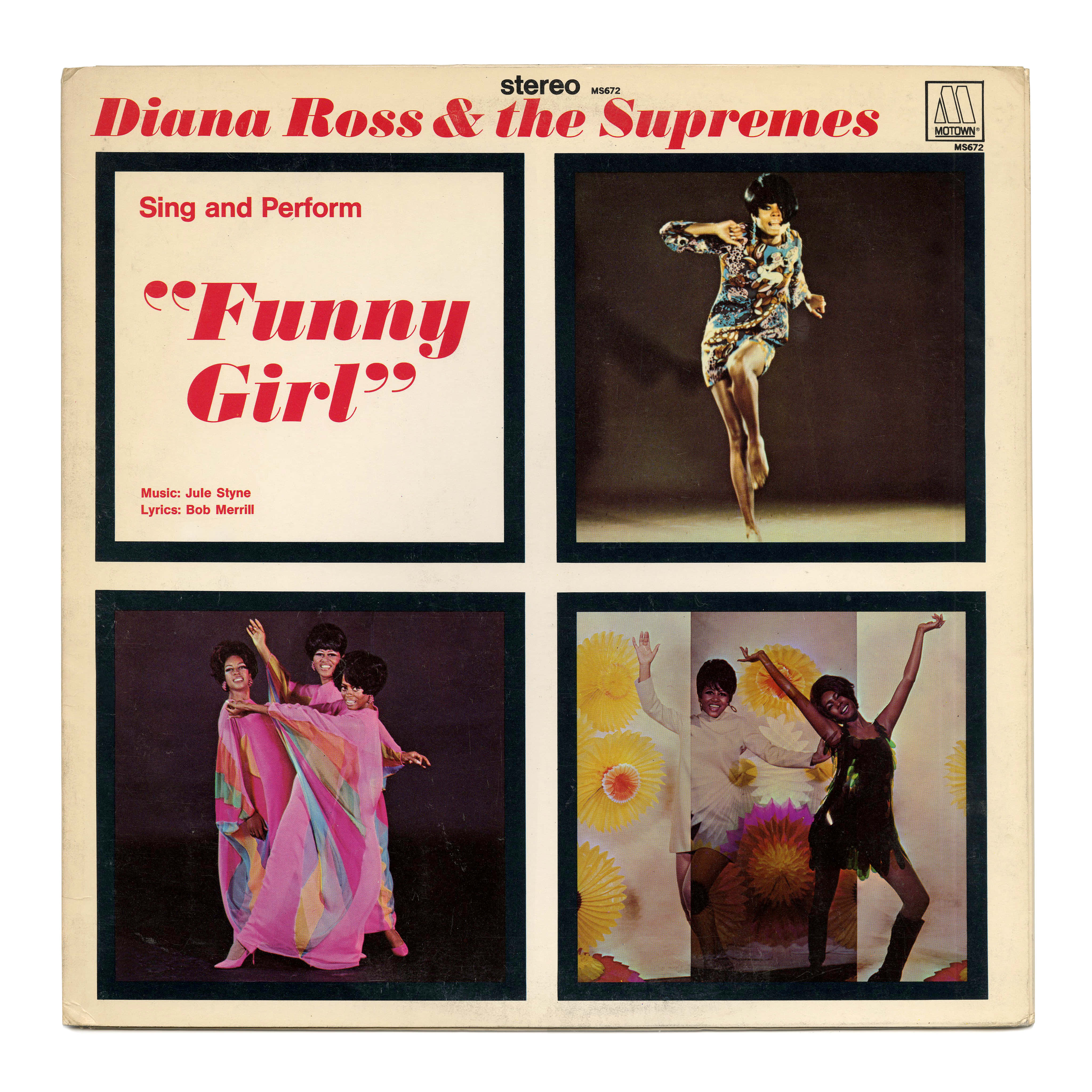 專輯封面 桌布 壁紙 — Diana Ross & the Supremes 的《Funny Girl》復古 Motown 專輯封面，包含四張該組合穿著色彩繽紛的 1960 年代服裝的動態照片。