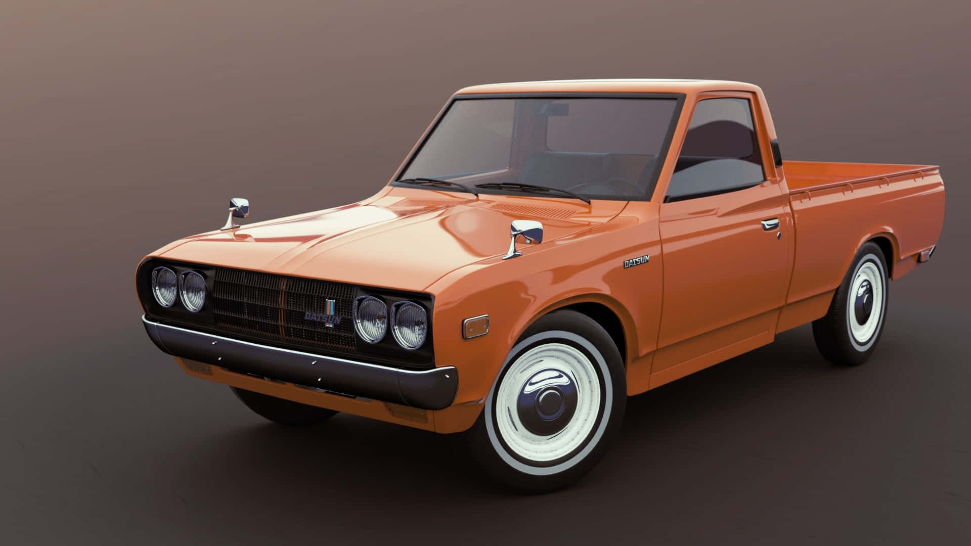 Datsun 620 桌布 壁紙 — 一輛復古橙色皮卡車，配備白色牆壁輪胎和鍍鉻裝飾，位於工作室環境中。