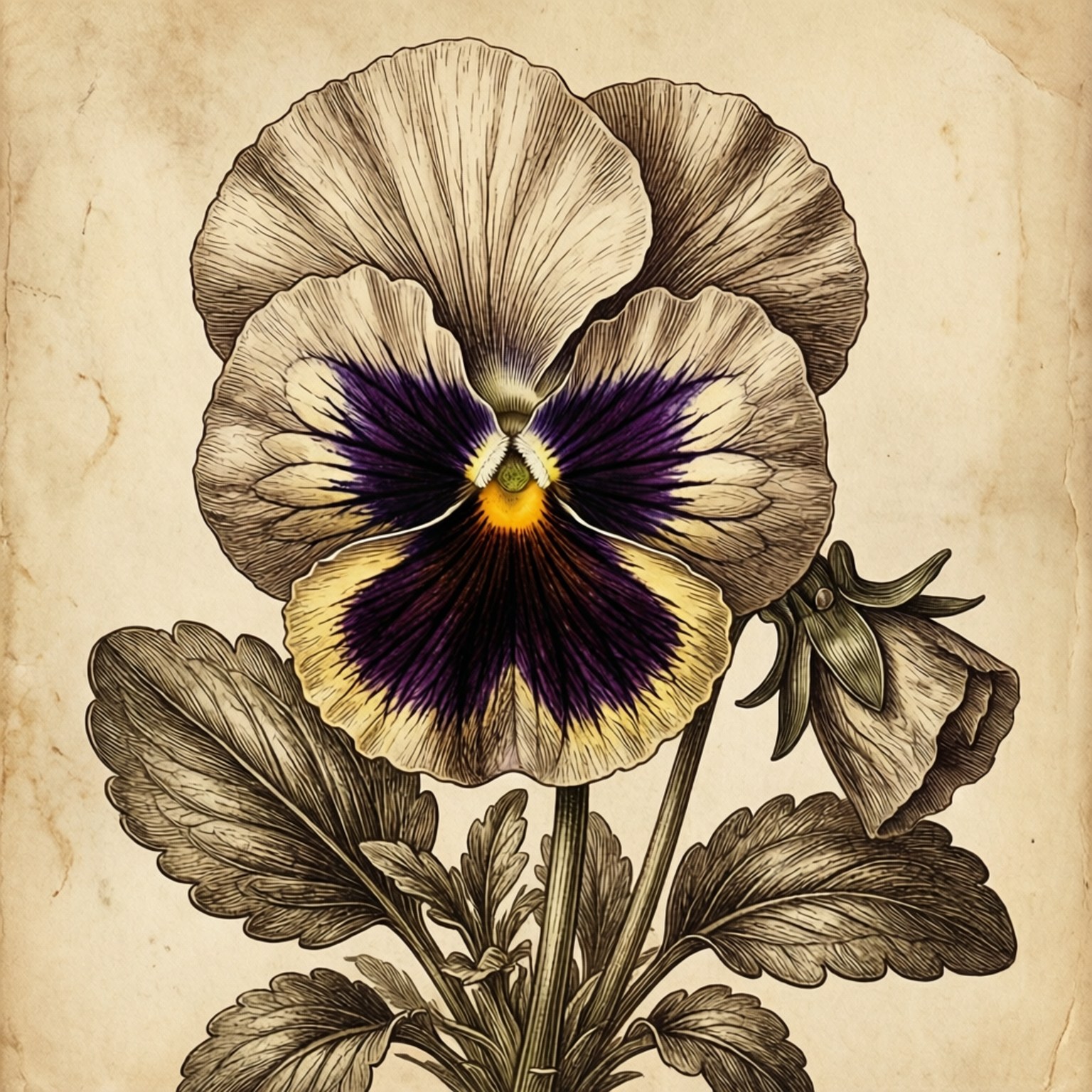 Vintage Botanical Print 壁紙 — 一幅詳細的復古風格插圖，描繪一朵紫、黃、奶油色花瓣的三色堇，位於舊羊皮紙上。
