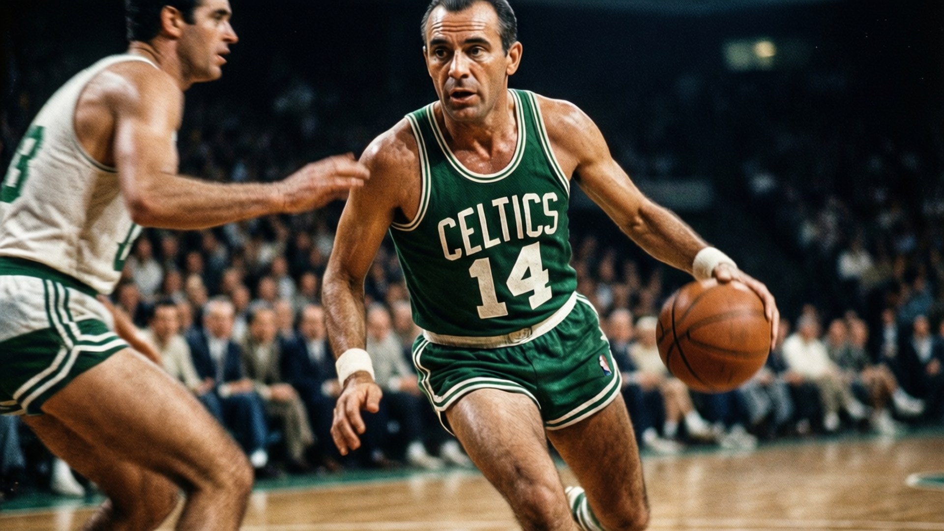 Cousy Fast Break 壁紙 — 一張塞爾提克球員身穿綠色球衣，在激烈比賽中運球，防守球員緊追在後的復古照片。