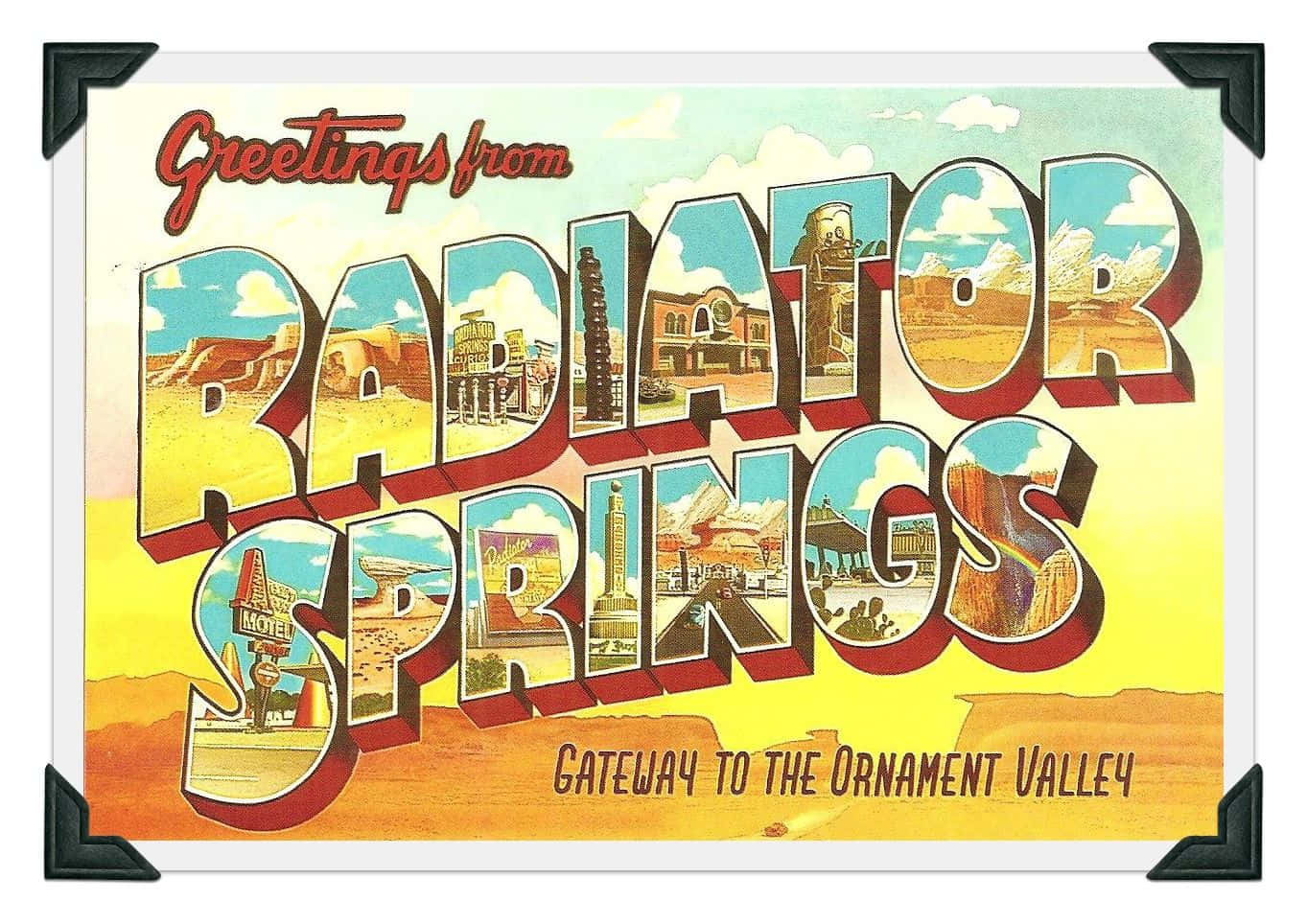 Greetings 桌布 壁紙 — Radiator Springs 的復古明信片風格插圖，標誌性的沙漠地標嵌入粗體 3D 字體中。