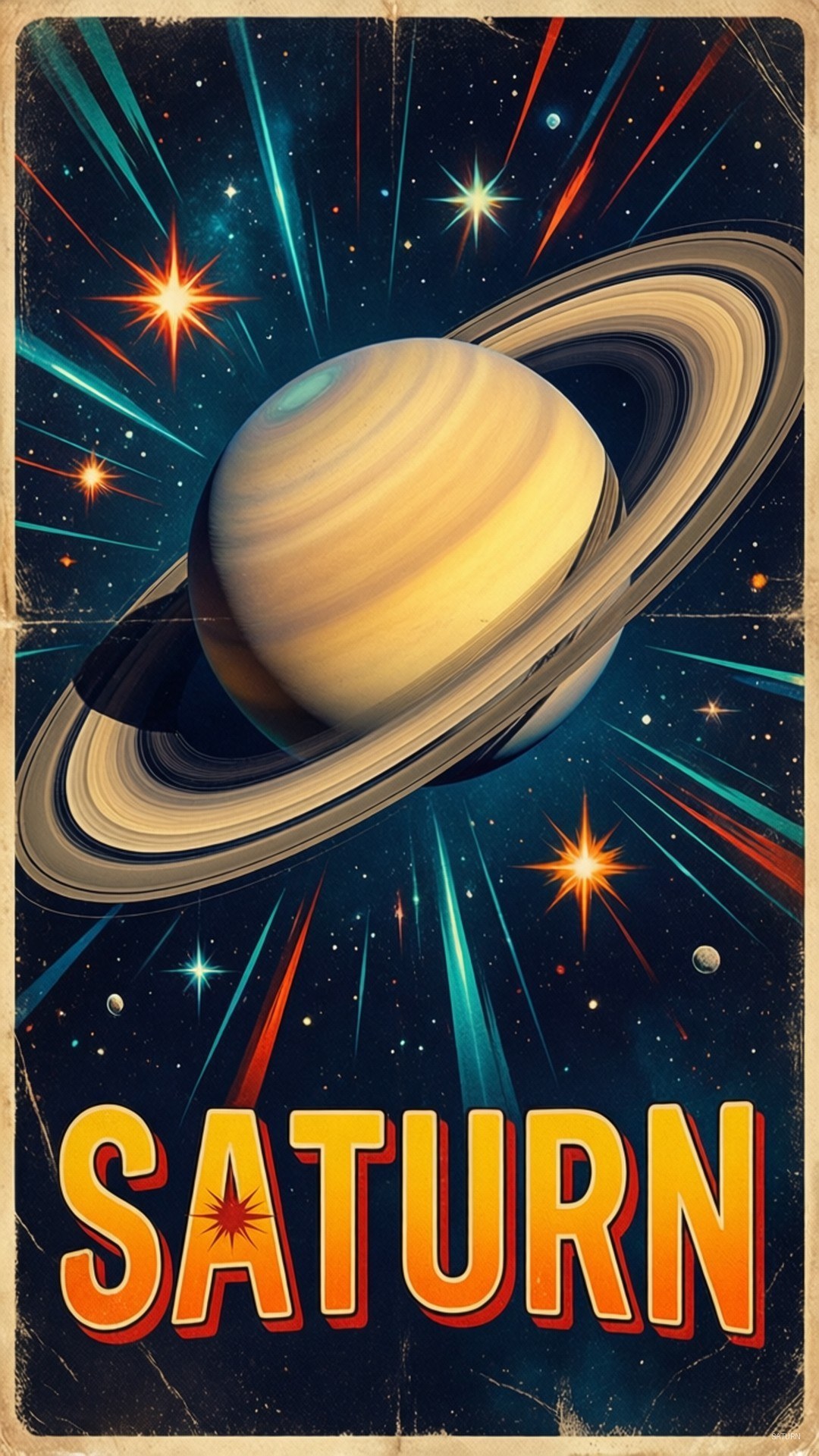 Retro Saturn Poster 壁紙 — 一幅復古海報風格的土星插圖，其標誌性光環在星光熠熠的宇宙背景中閃耀，伴隨著光芒四射的條紋。