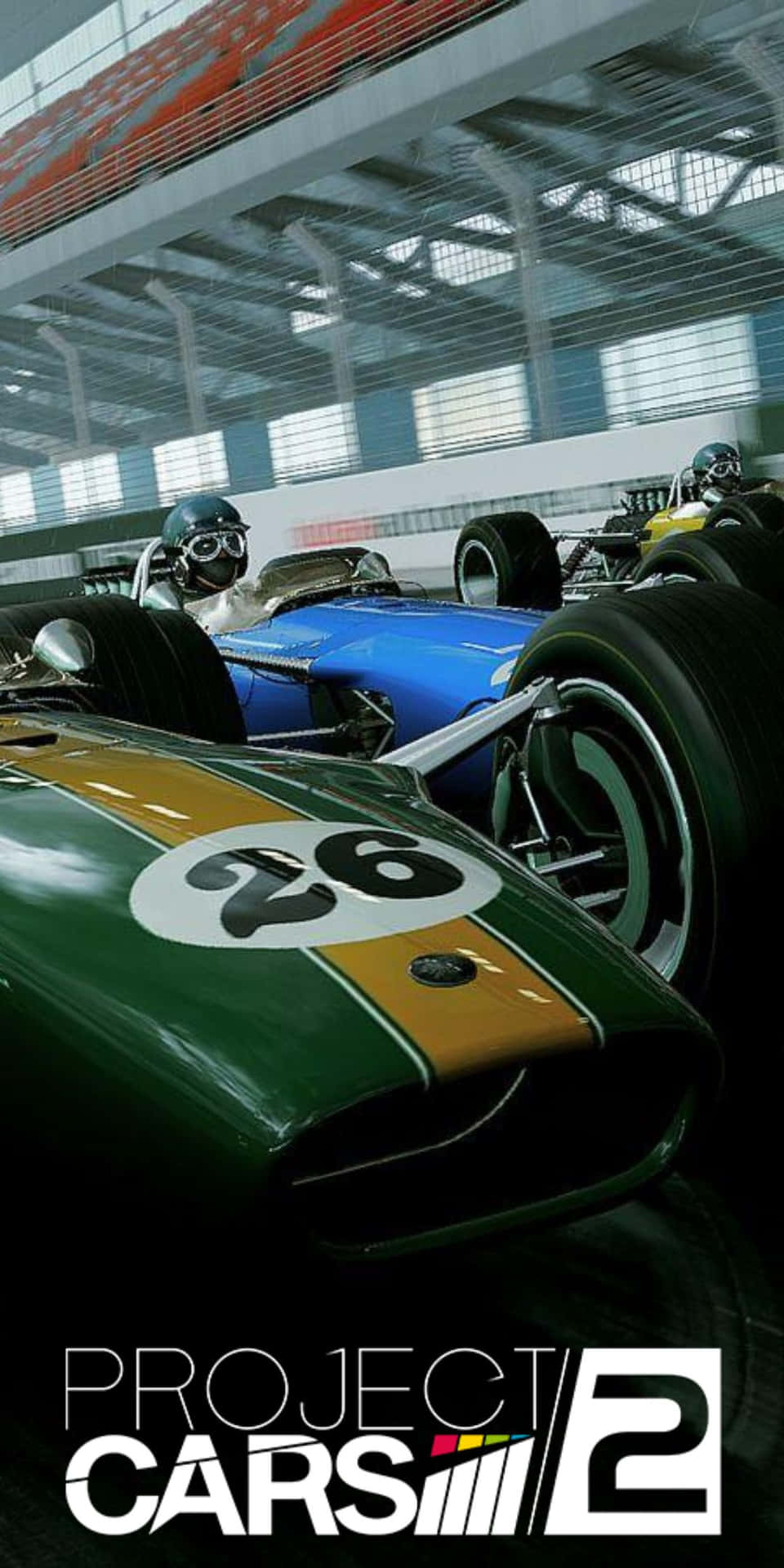 復古賽車連同戴頭盔的車手在現代室內車庫中。 — Project Cars 2 壁紙