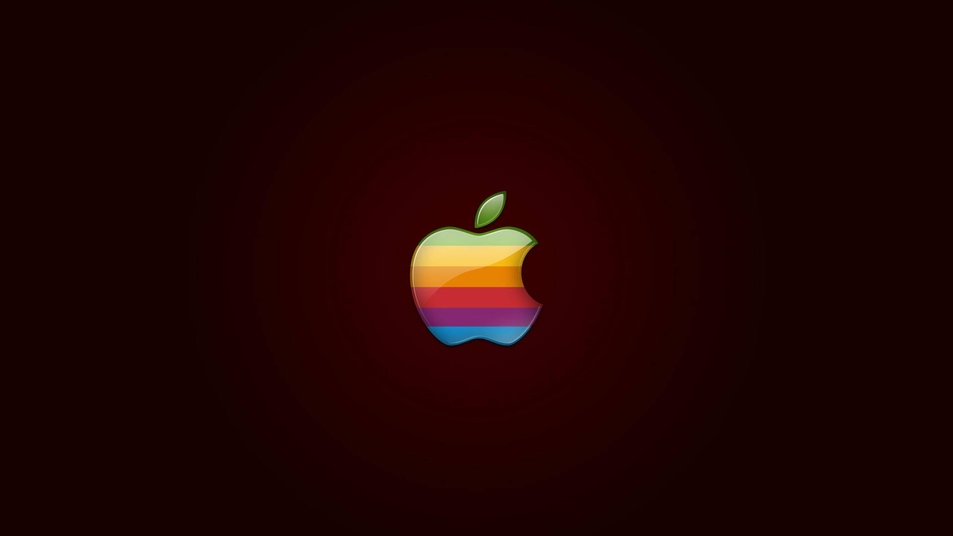 深紅色漸變背景上的復古彩虹Apple標誌 — 4K 壁紙