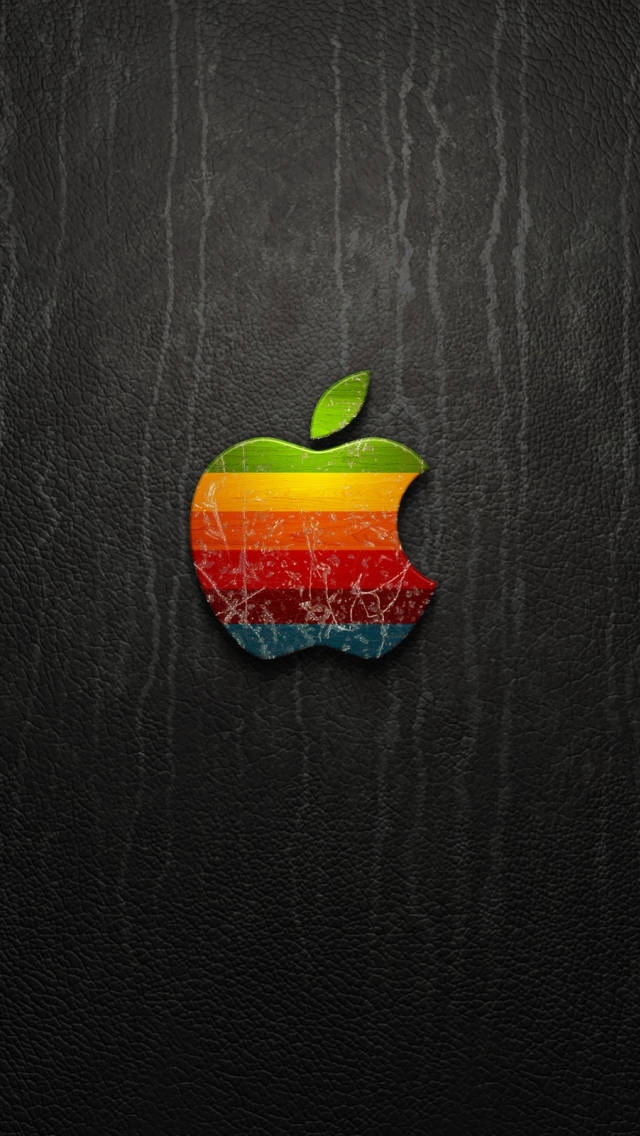 黑色皮革紋理上的彩虹Apple標誌帶有刮痕 — 3D 壁紙
