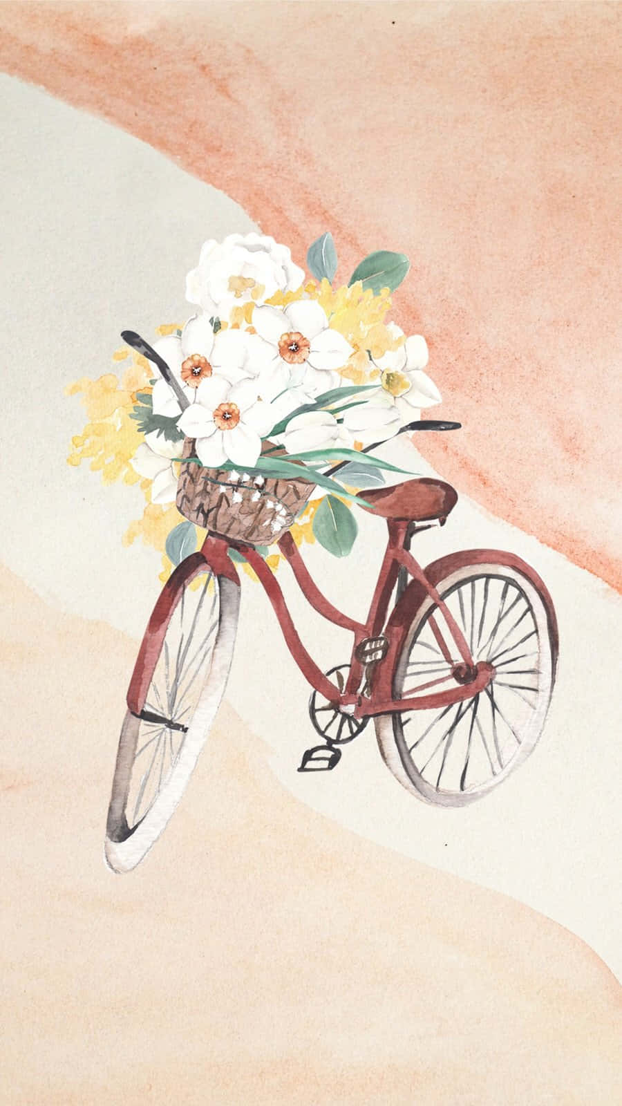  壁紙 — 一輛復古紅色腳踏車，籃子裡裝滿白色和黃色水仙花，背景是柔和的水蜜桃和奶油色水彩。