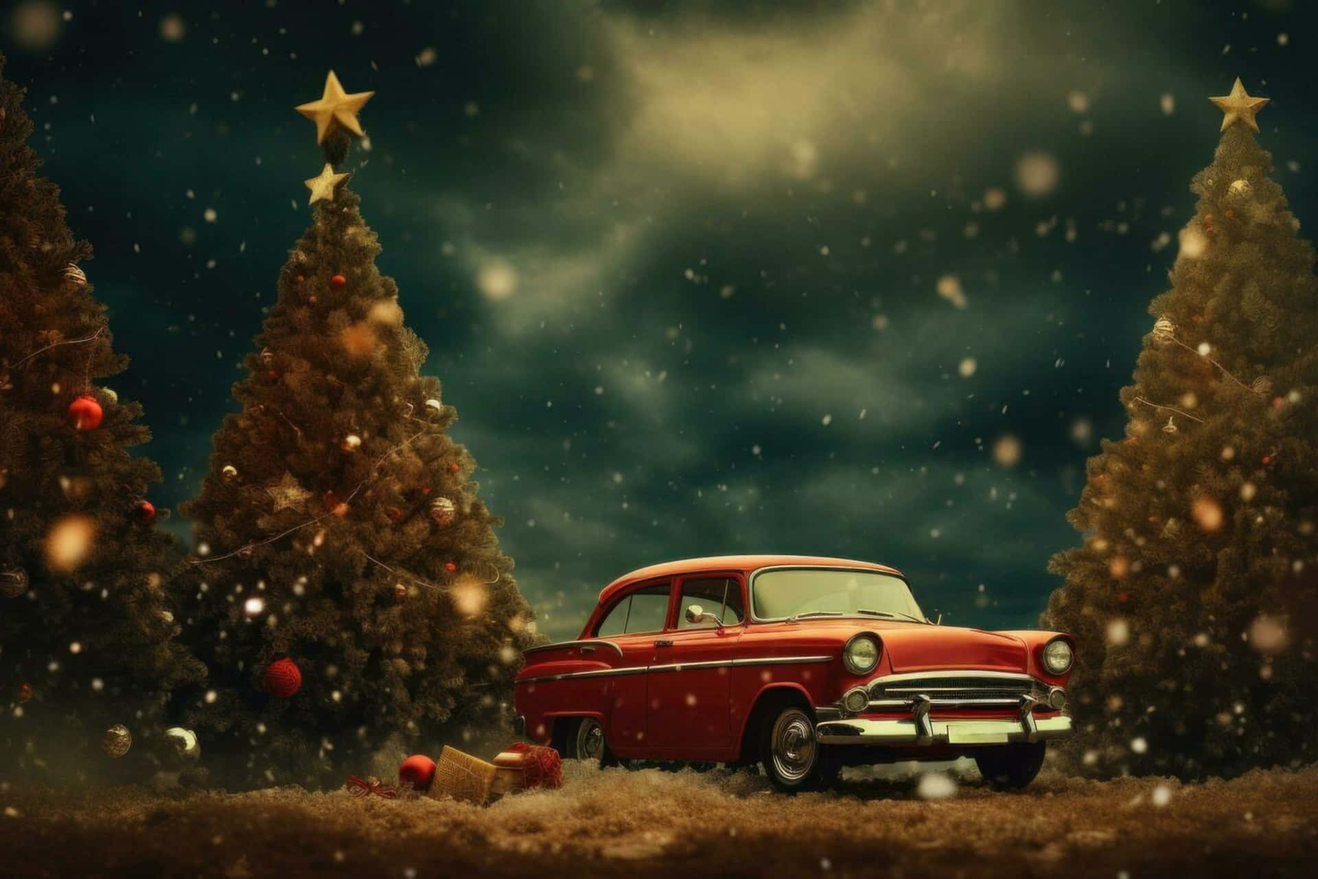  壁紙 — 一輛復古紅色汽車停放在灑滿雪的聖誕樹之間，背景是黑暗暴風雨的天空，雪花飄落。
