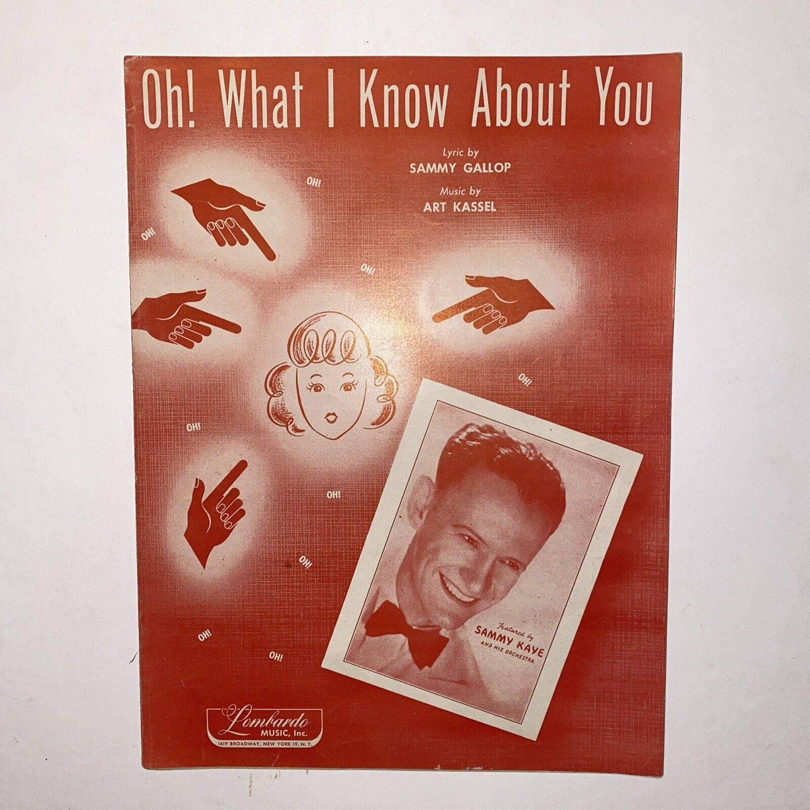 音樂 桌布 壁紙 — 「Oh! What I Know About You」的復古紅色樂譜封面， featuring 一個微笑男士的照片和卡通手指向女士的頭部。