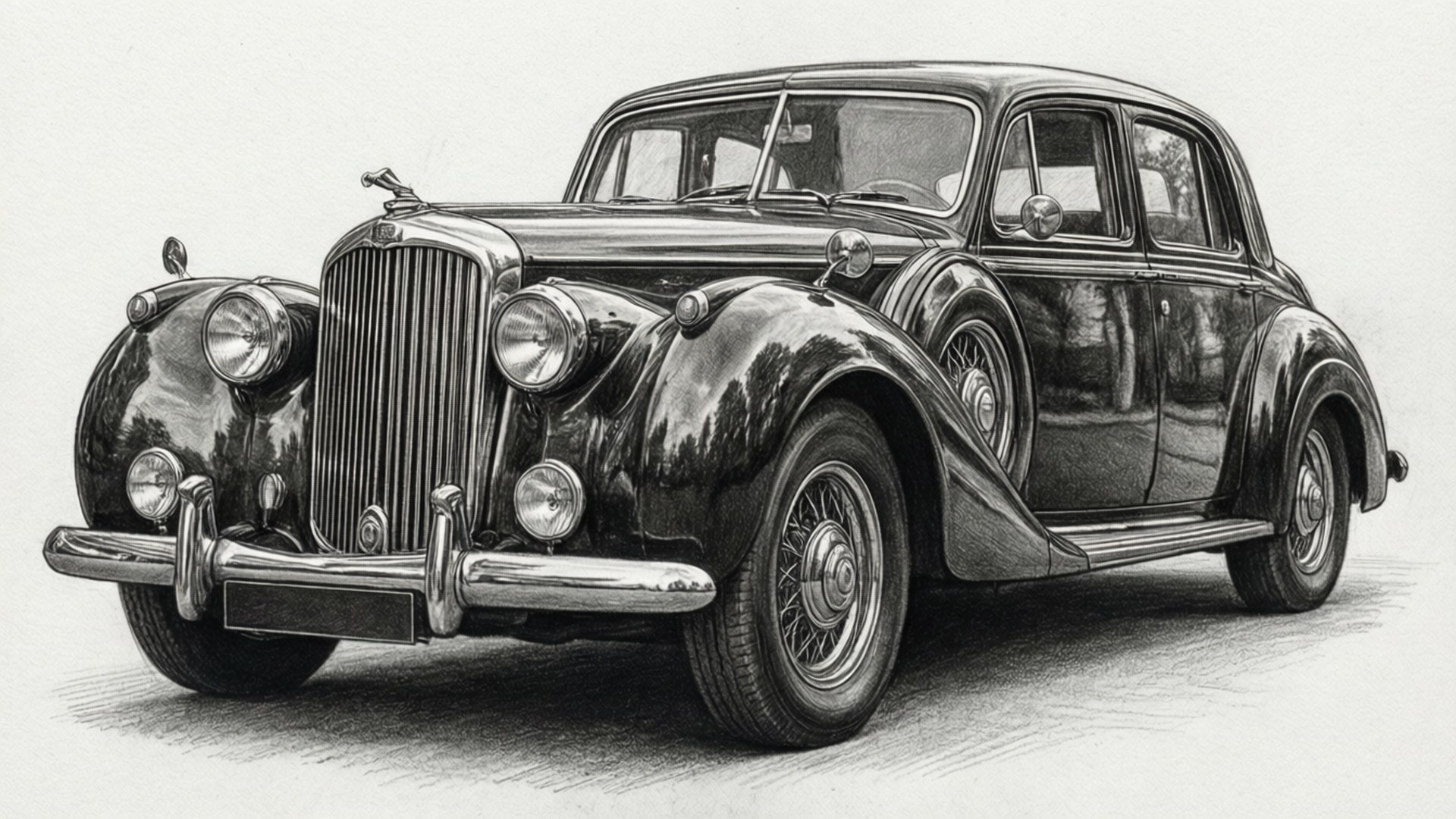 Vintage Car Pencil Sketch 壁紙 — 一幅精心繪製的鉛筆畫，描繪了一輛帶有鍍鉻格柵和鋼絲輻條輪的復古四門轎車。