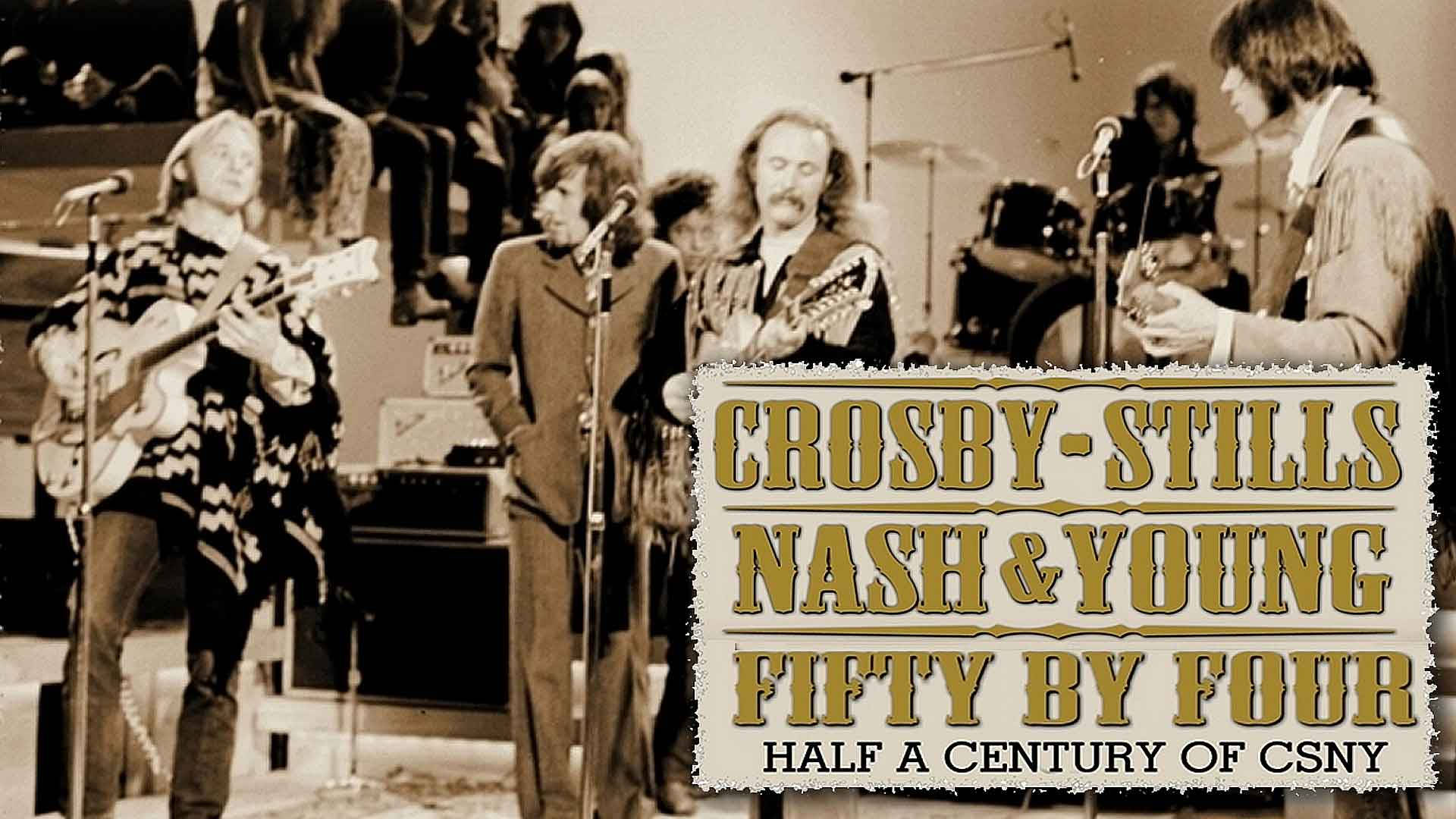 poster 桌布 壁紙 — Crosby Stills Nash & Young 在舞台上用吉他和擴音器現場表演的復古棕褐色調照片。
