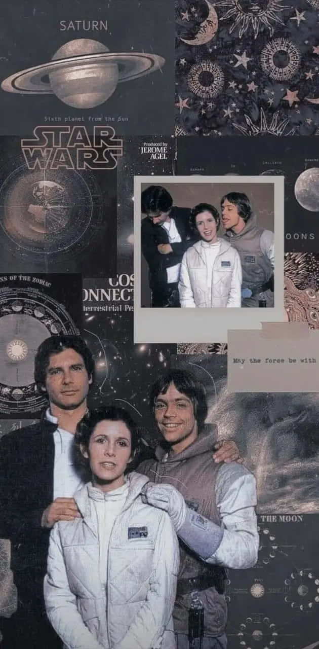 Star Wars Aesthetic 桌布 壁紙 — 一幅復古星際大戰拼貼畫，以黑暗太空主題背景展示角色和天體圖像。
