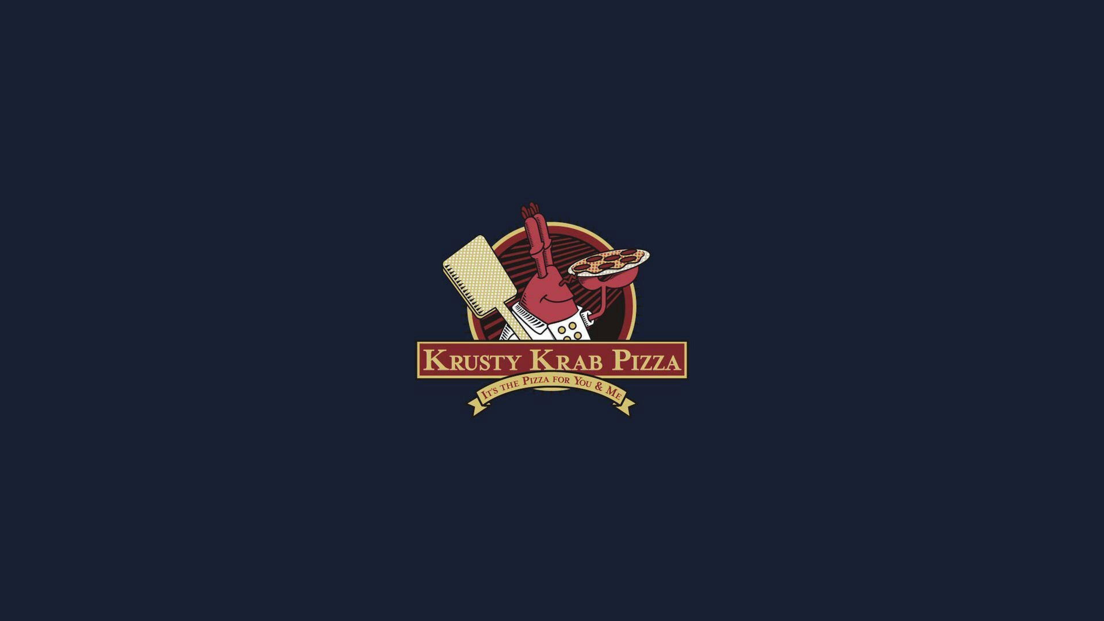 Mr Krabs 桌布 壁紙 — Krusty Krab Pizza 的復古風格標誌，在深海軍藍背景上展示一隻紅色螃蟹拿著披薩。