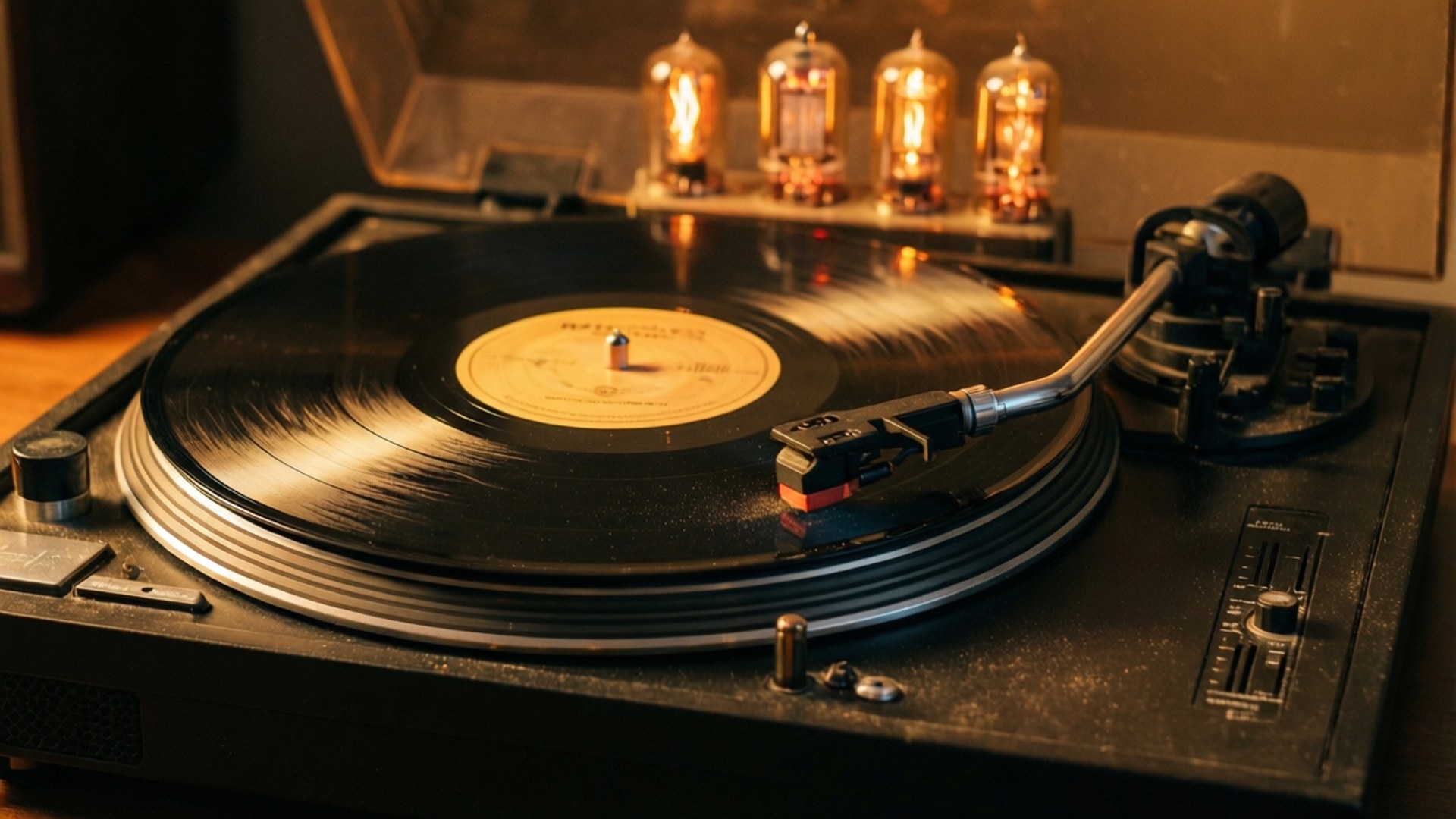 Vinyl Reverie 壁紙 — 一部復古唱盤在背景溫暖發光的真空管下旋轉著黑色黑膠唱片。
