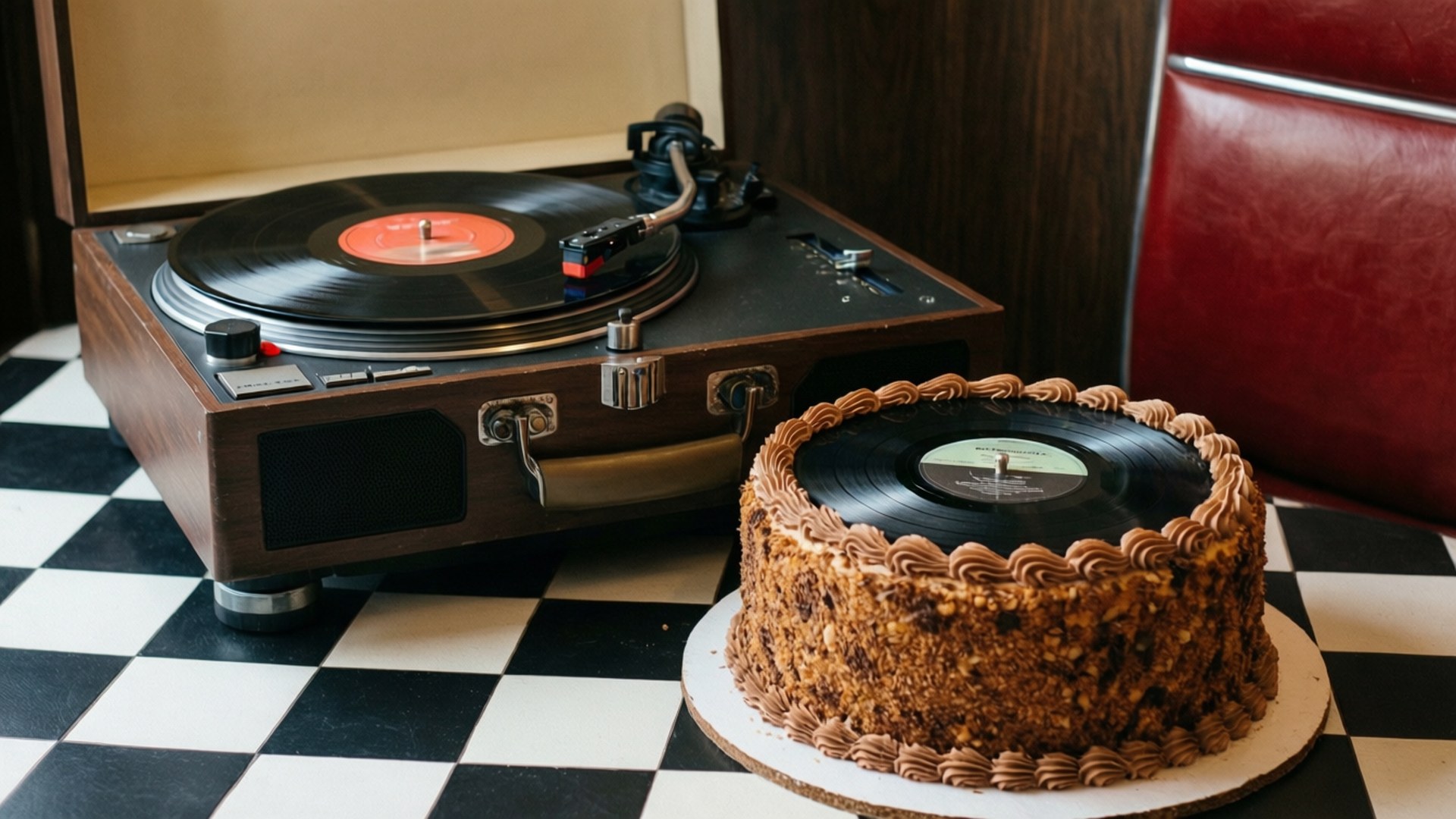 Vintage Vinyl Birthday 壁紙 — 一台復古木製唱盤機旁邊放著一個巧克力蛋糕，上面放著一張黑膠唱片，地板是黑白格子圖案。