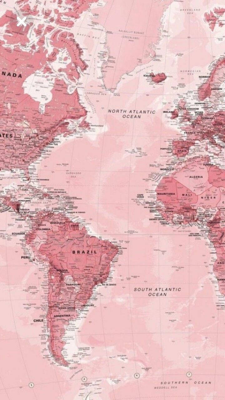 粉紅色復古世界地圖，顯示大陸和海洋及國家名稱。 — 海洋 壁紙
