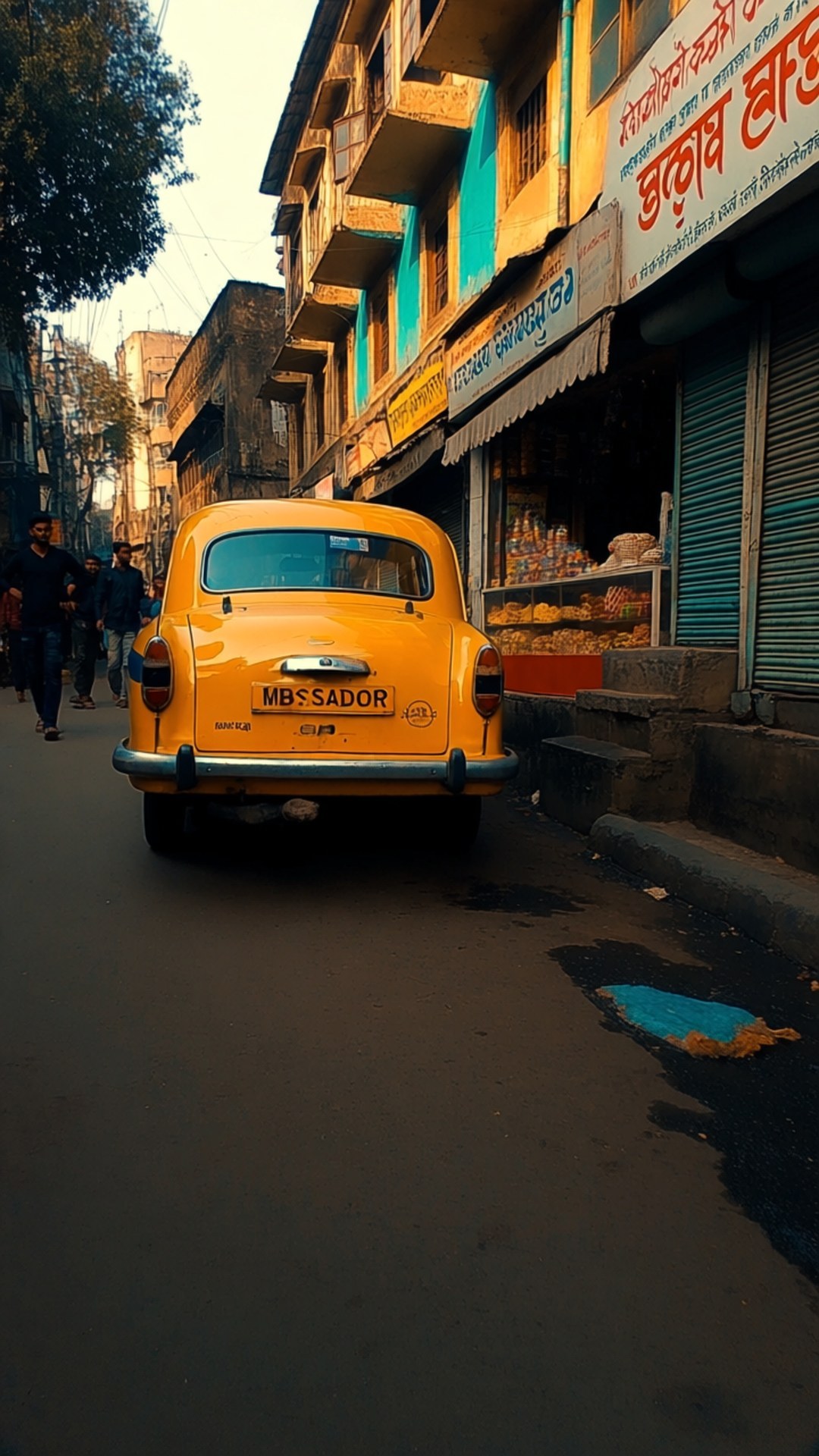 Yellow Cab Lane 壁紙 — 一輛復古黃色大使汽車停泊在兩旁色彩繽紛建築物和商店的狹窄街道上。