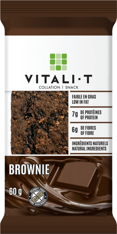 布朗尼 桌布 壁紙 — Vitali-T 布朗尼口味零食棒包裝的特寫，突出其巧克力質感和營養資訊。