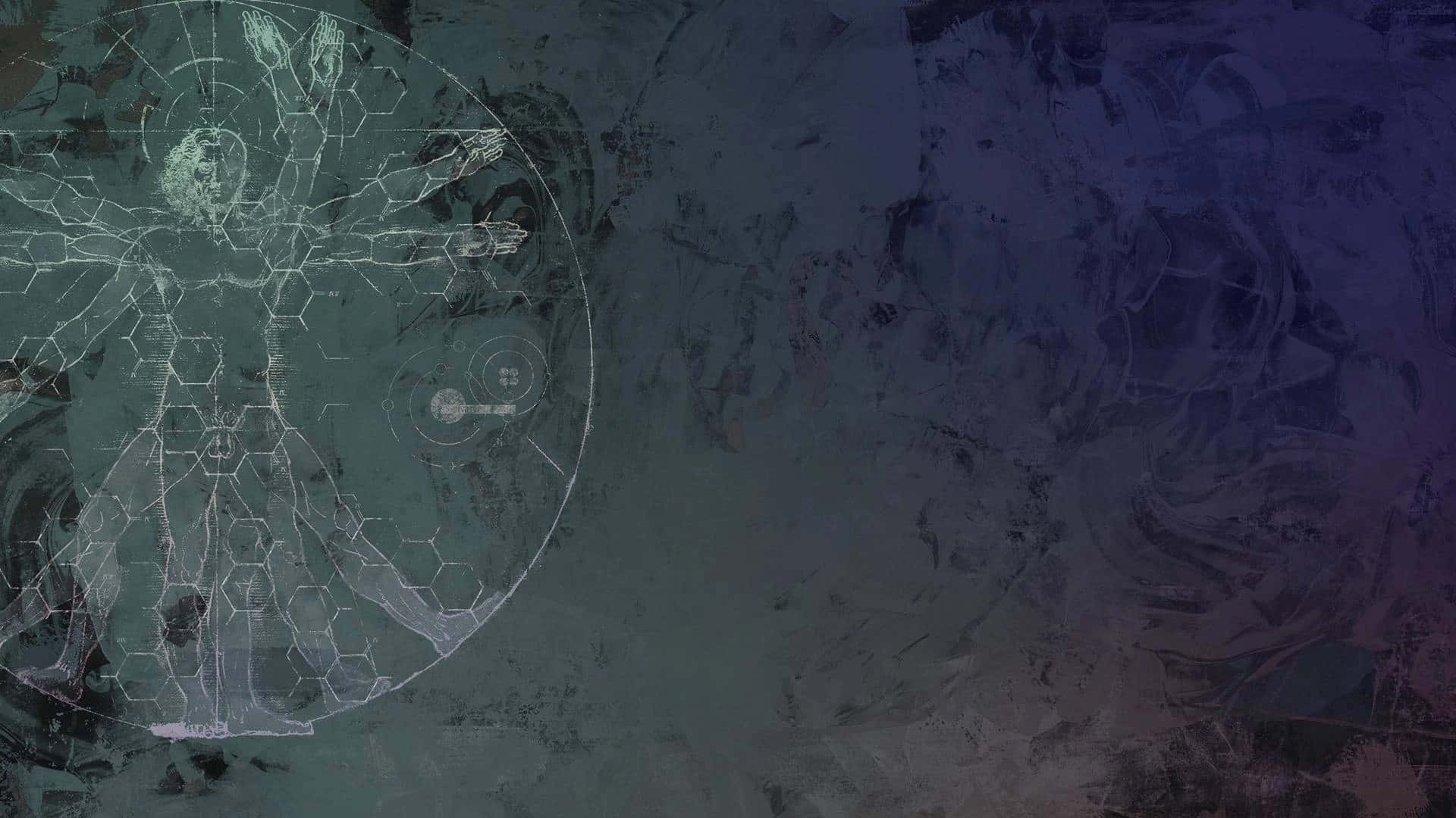  壁紙 — 一幅數位藝術作品，描繪維特魯威人，上面覆蓋著六邊形網格和電路，背景為帶紋理的深藍綠色和紫色。