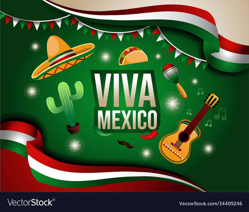 Viva Mexico 桌布 壁紙 — Viva Mexico 慶祝活動，以闊邊帽、吉他、墨西哥卷餅、仙人掌和沙鈴為特色，綠色背景配上節日彩帶。