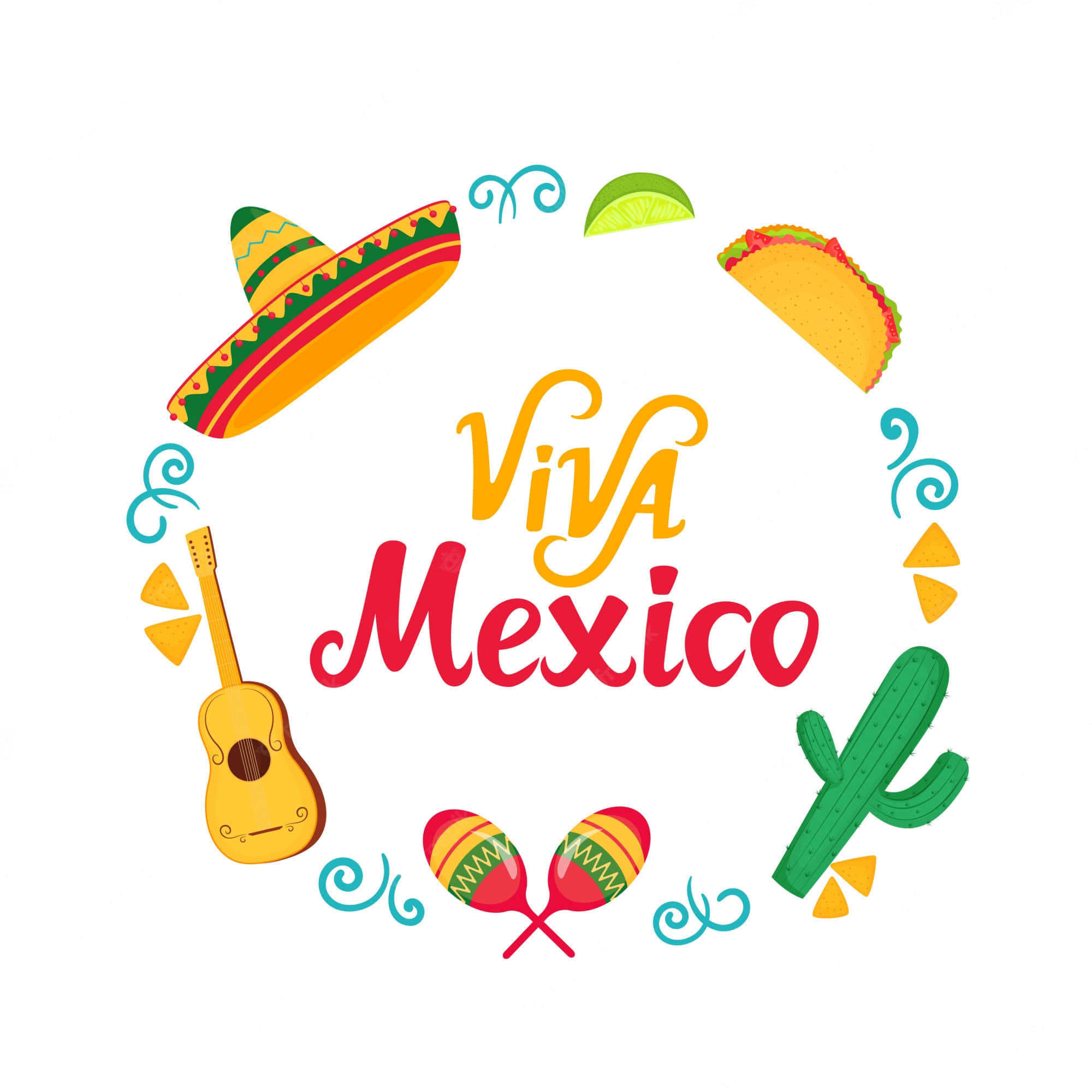 Viva Mexico 桌布 壁紙 — Viva Mexico 文字被色彩繽紛的圖標包圍，如闊邊帽、吉他、墨西哥捲餅、仙人掌和沙鈴，採用節日風格的平面設計。