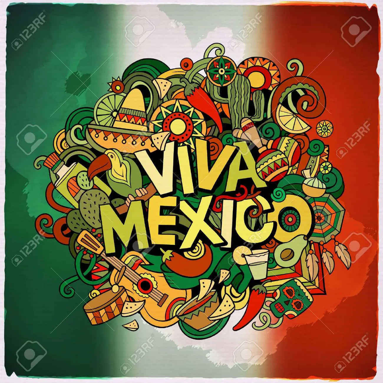 Viva Mexico 桌布 壁紙 — Viva Mexico 文字被色彩繽紛的闊邊帽、吉他、仙人掌和骷髏塗鴉環繞，背景為綠、白、紅漸變色。