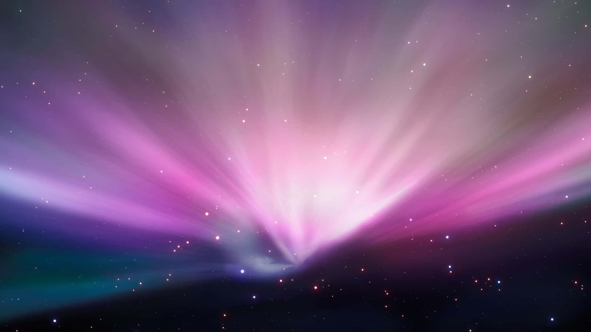  壁紙 — 鮮豔的粉紅色和紫色極光射線從宇宙中心爆發，映襯著繁星點點的夜空。