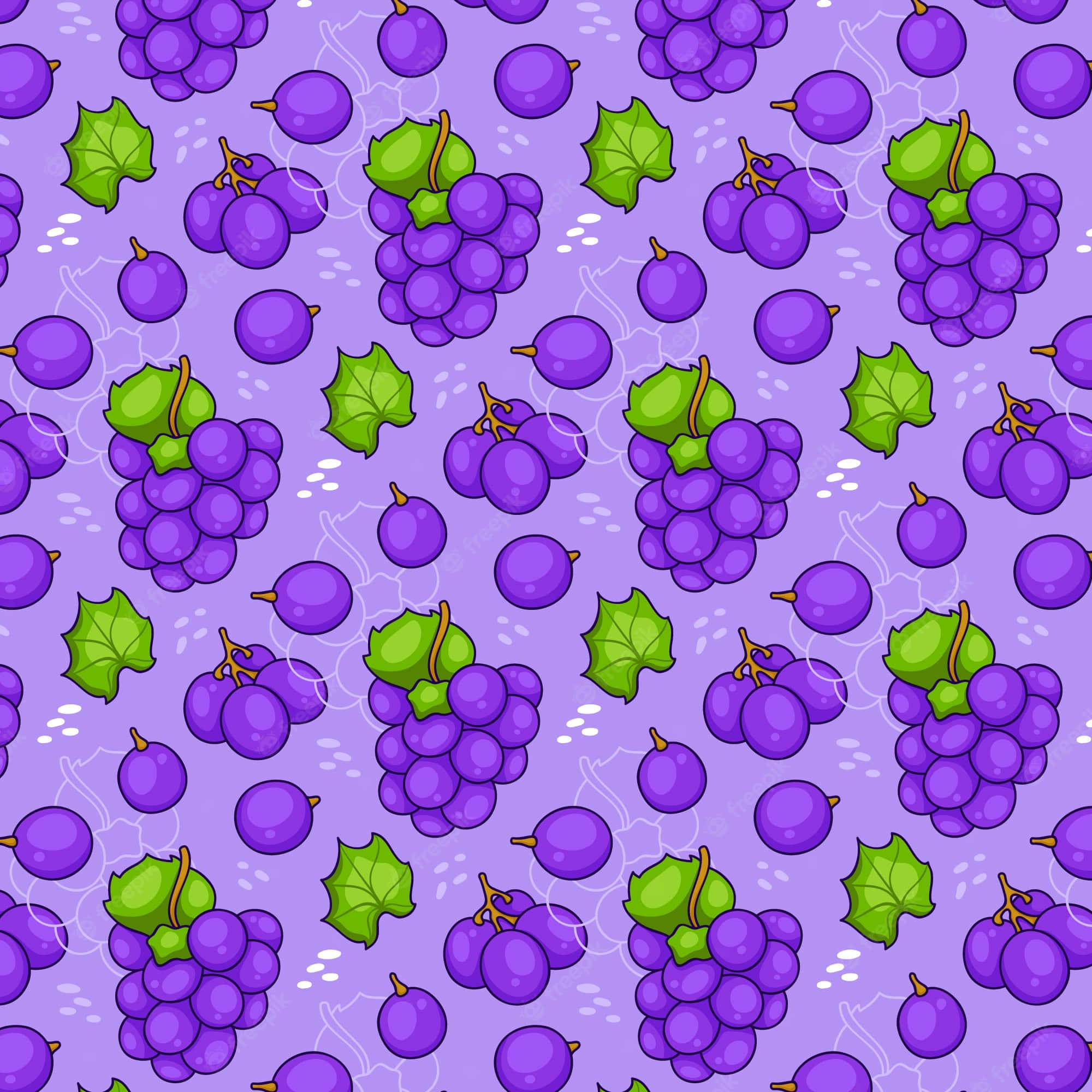 Purple Grapes 桌布 壁紙 — 鮮豔的紫色葡萄和綠色葉子在薰衣草背景上以俏皮圖案重複。