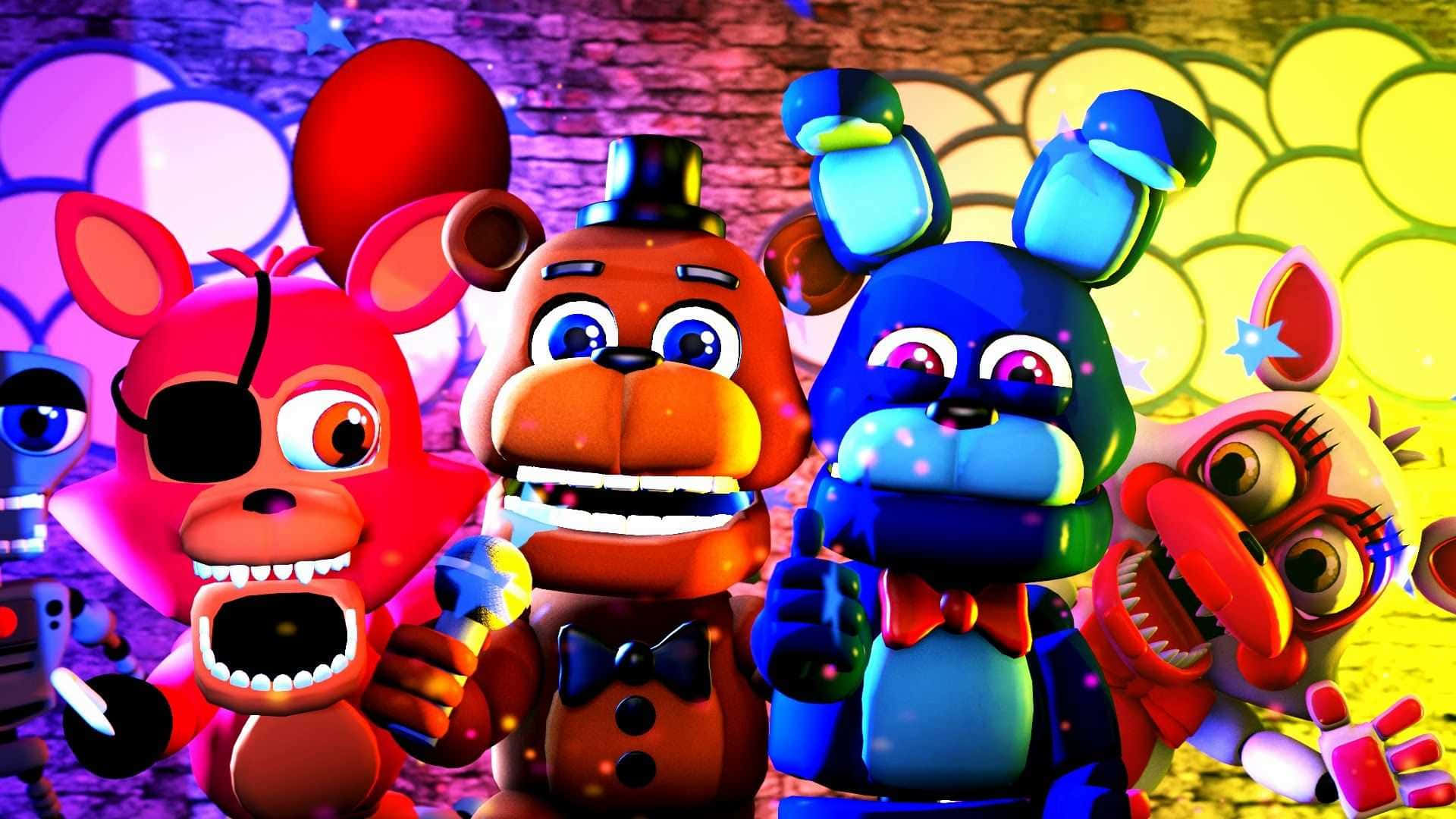 佛萊迪餐館之五夜驚魂 桌布 壁紙 — Five Nights at Freddy's 色彩鮮豔的電子動畫角色在佈滿塗鴉的磚牆前愉快地擺姿勢。