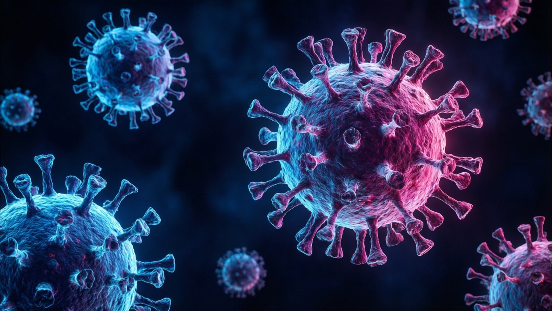 Neon Virus Void 壁紙 — 生動渲染的病毒粒子，帶有尖刺突起，漂浮在深藍色背景上。