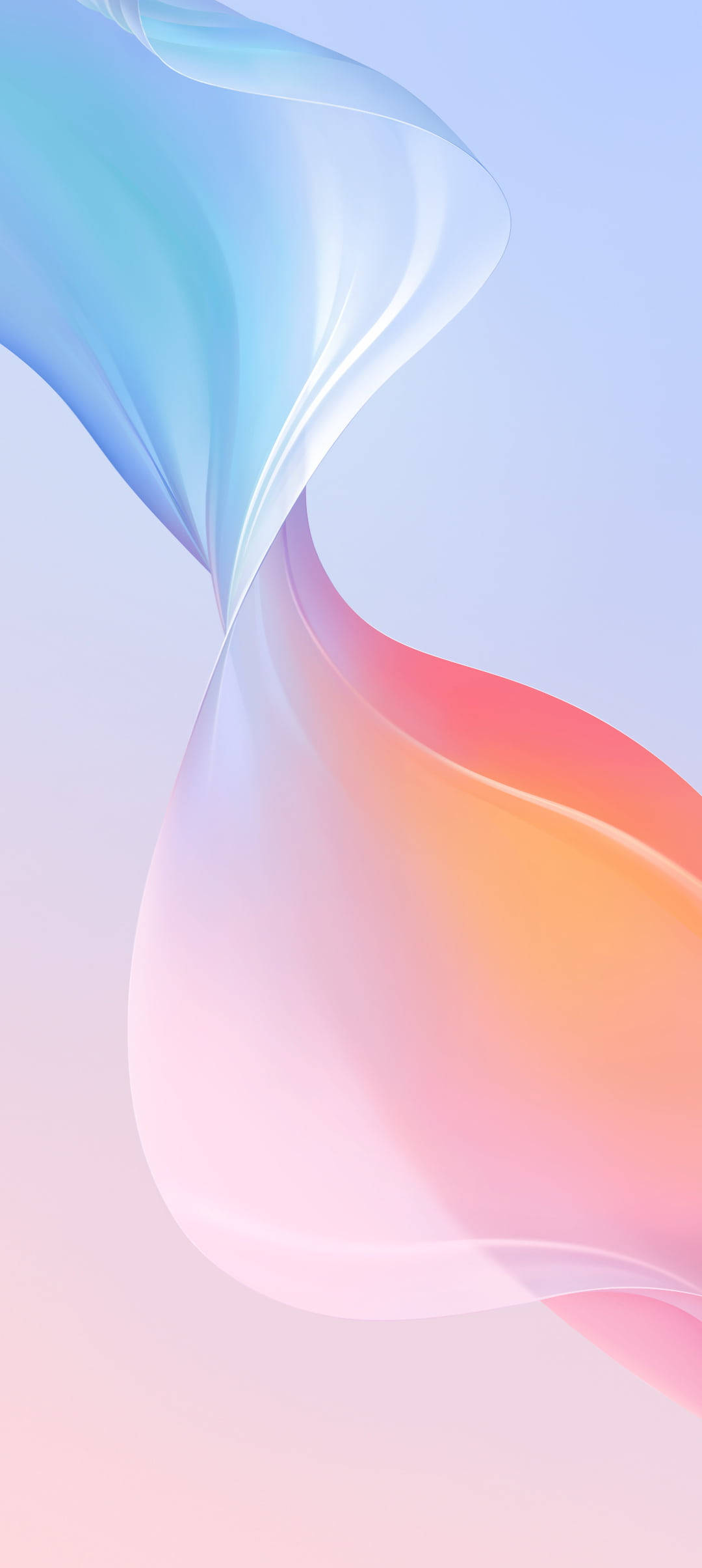 藍粉 Vivo Y20 壁紙 — 一條流動的抽象絲帶，以柔和粉藍和粉紅曲線優雅地襯托著柔和的漸變天空。