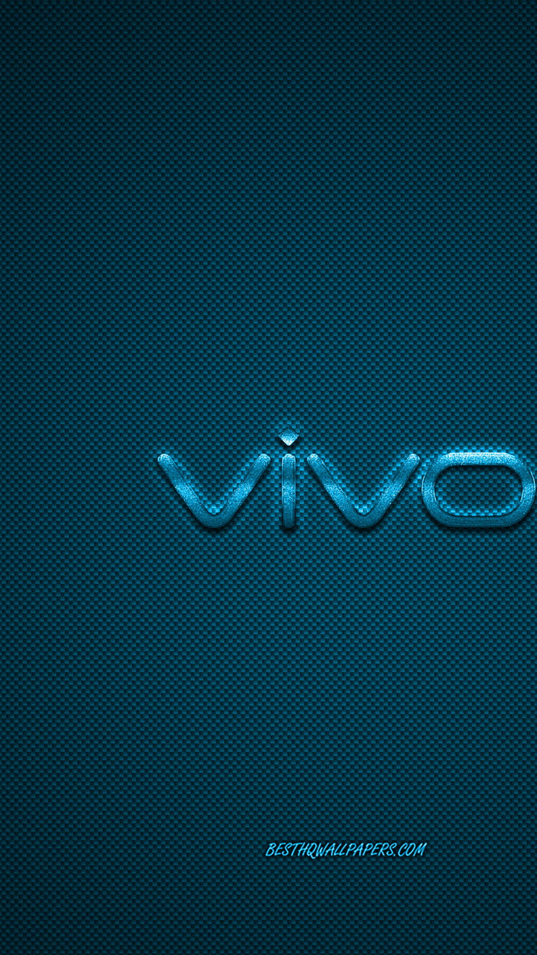 手機 桌布 壁紙 — 「vivo」一詞在深藍色碳纖維紋理背景上發出金屬藍色光芒。