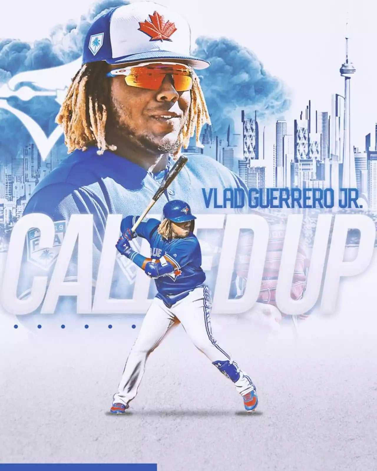 Vladimir 桌布 壁紙 — Vlad Guerrero Jr. 身穿藍色棒球裝備，在多倫多天際線背景下揮棒，並帶有 'CALLED UP' 文字。