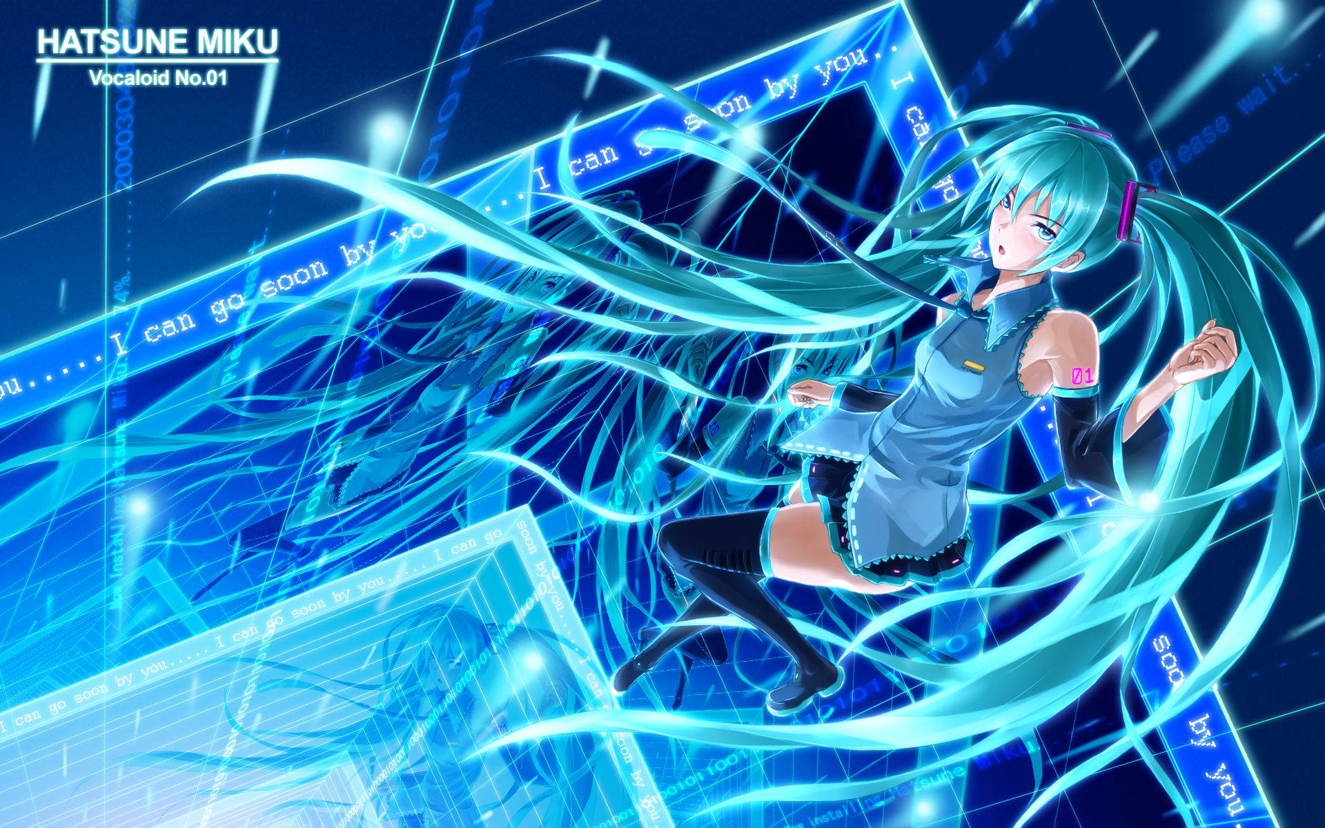miku 桌布 壁紙 — Vocaloid 角色初音未來，擁有藍綠色雙馬尾，在發光的藍色數位流和漂浮文字中跳舞，處於一個控制論空間。