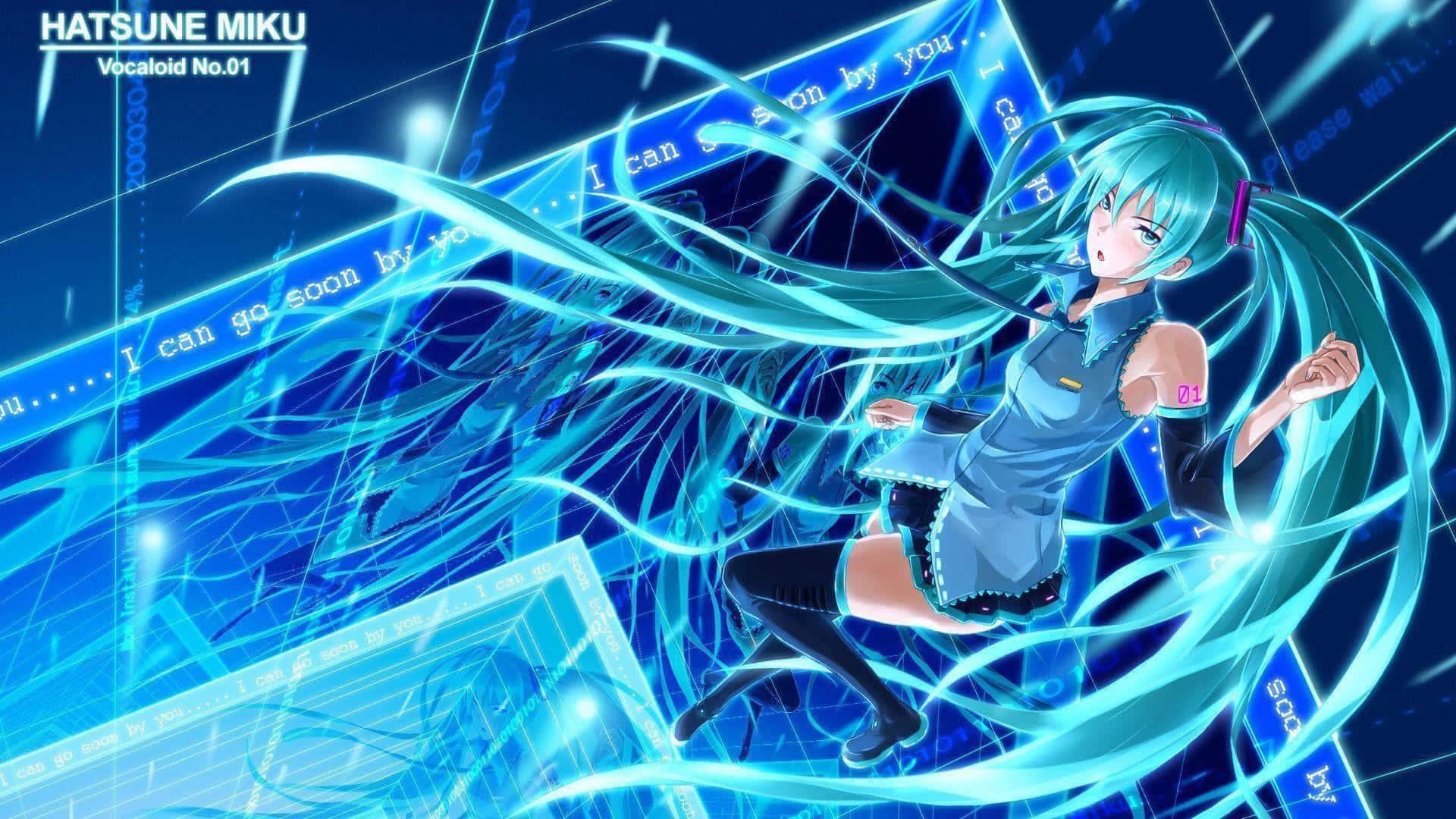 初音未來 桌布 壁紙 — Vocaloid 角色初音未來，擁有藍綠色頭髮和發光的藍色能量流，處於數位賽博龐克環境中。