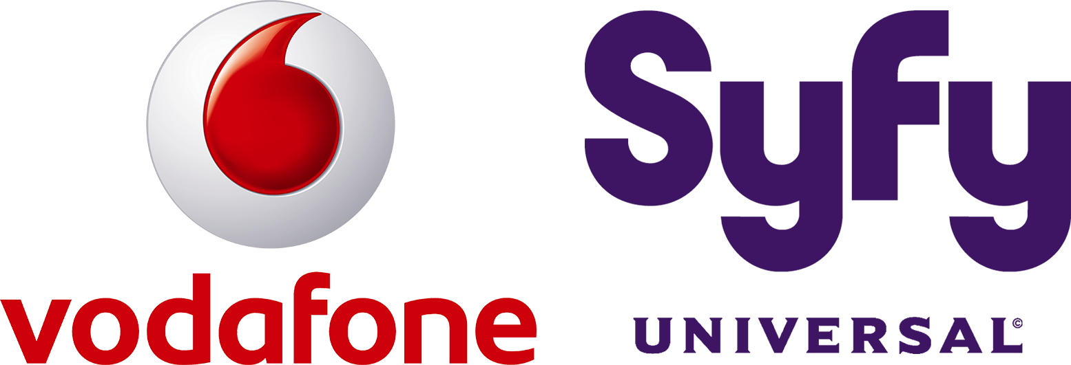 Vodafone 桌布 壁紙 — Vodafone 和 Syfy Universal 標誌並排顯示在黑色背景上。