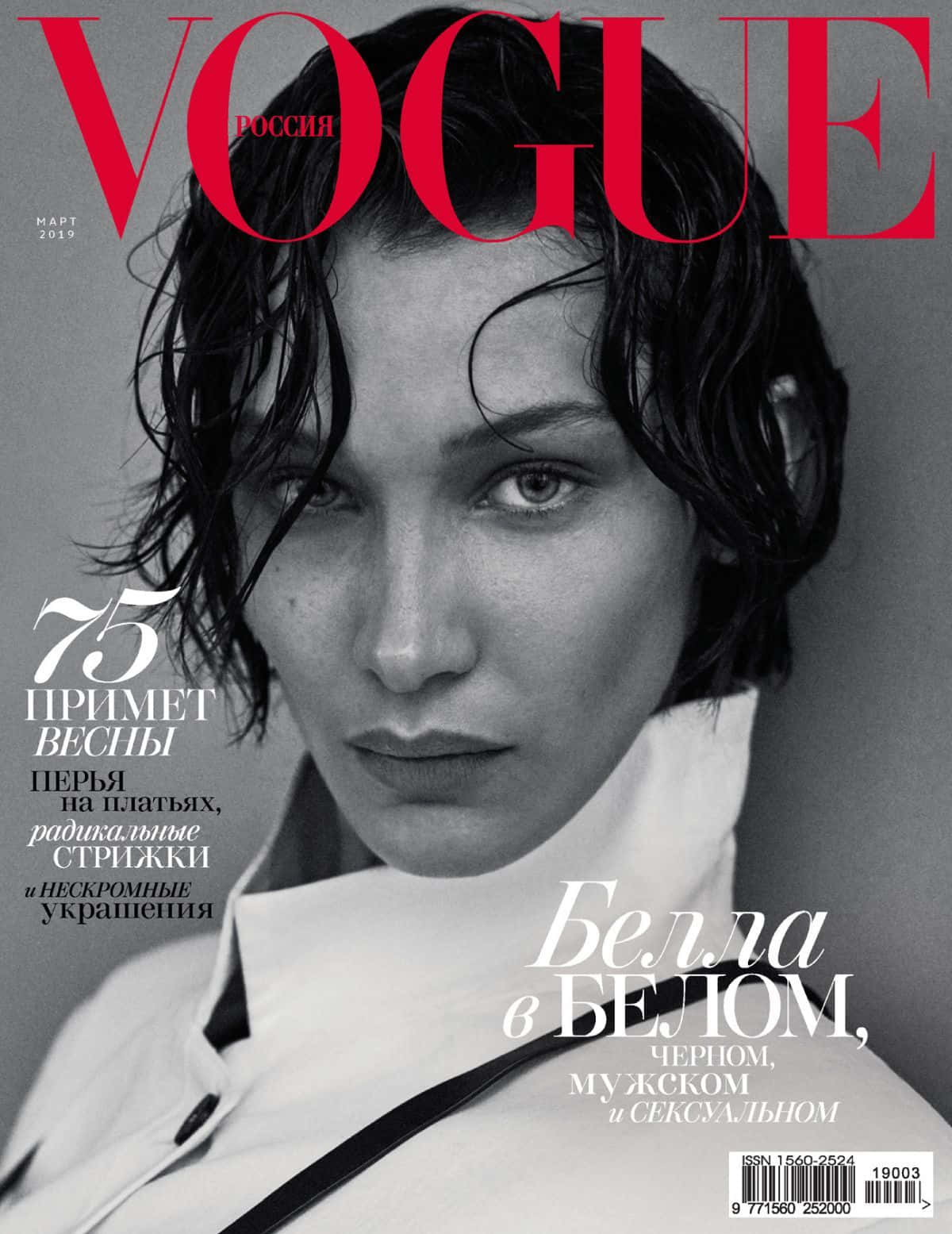 雜誌 桌布 壁紙 — Vogue Russia 的單色封面，Bella Hadid 濕髮凌亂，眼神銳利，身穿白色高領服裝。