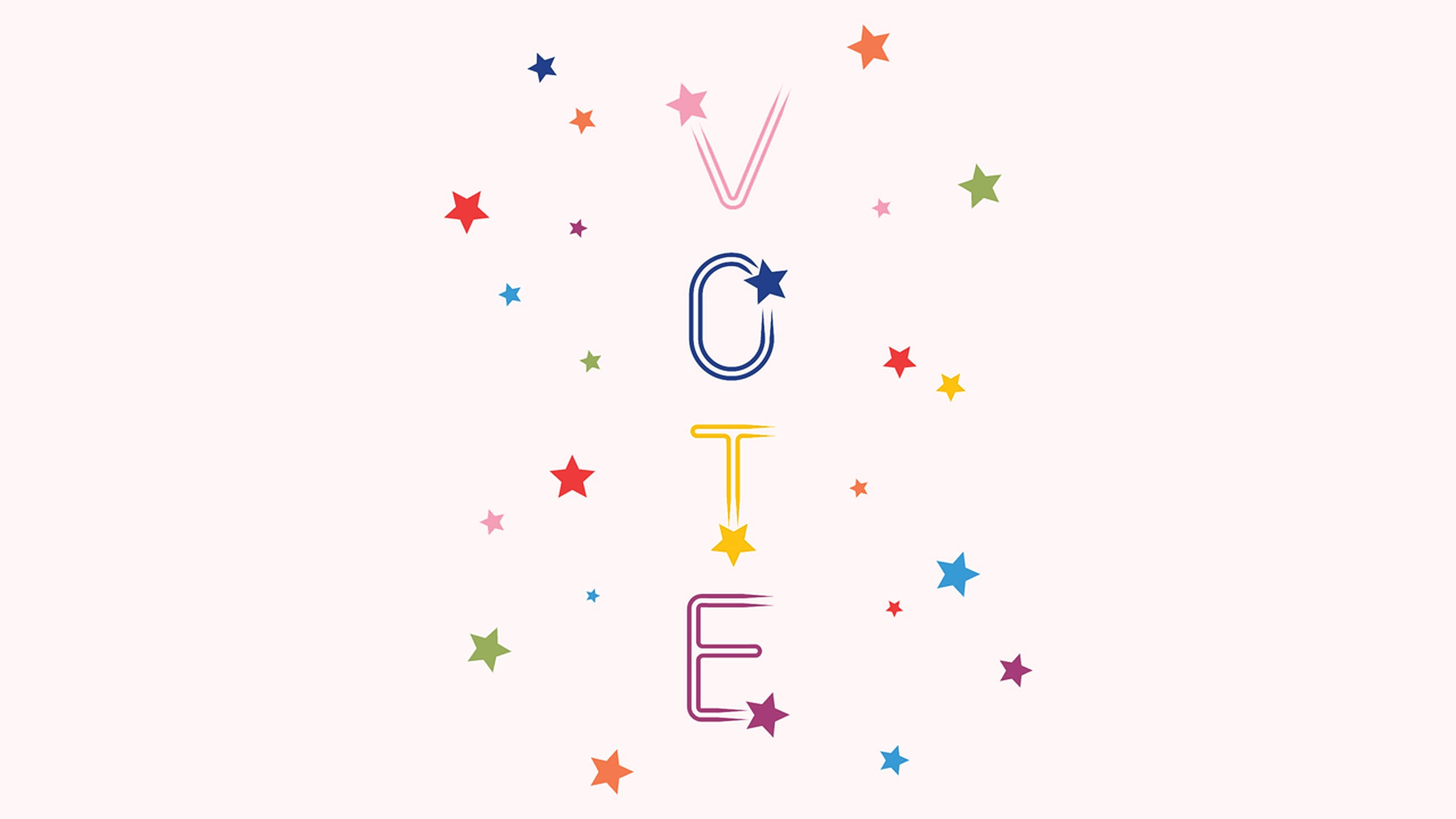 Election 桌布 壁紙 — 「VOTE」一詞以色彩繽紛的風格化字體呈現，周圍散落著多色星星，背景為柔和的粉紅色。
