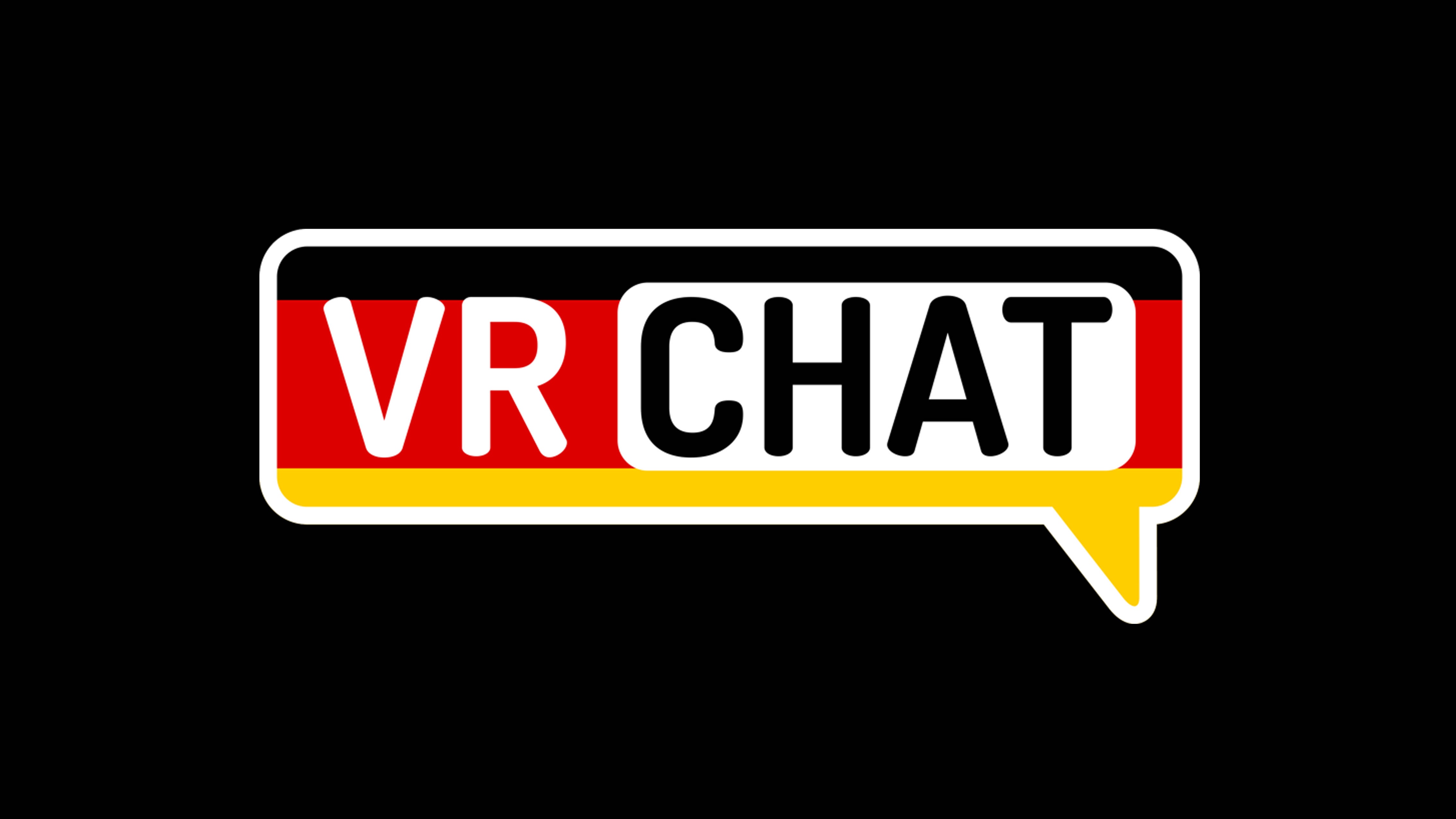 vrchat 桌布 壁紙 — VR CHAT 標誌以粗體白色和黑色文字顯示在帶有德國國旗顏色的對話氣泡中，背景為黑色。
