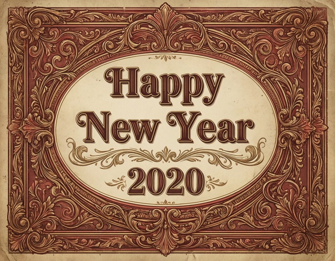 新年快樂 2020 桌布 壁紙 — 一張華麗復古風格的賀卡，在裝飾豐富的紅金色邊框內以優雅字體寫有「Happy New Year 2020」。