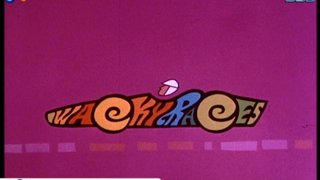 標誌 桌布 壁紙 — Wacky Races 的鮮豔復古卡通標誌，在洋紅色背景上有旋轉的彩色字母。