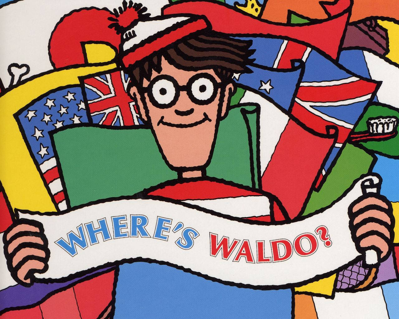 Flag 桌布 壁紙 — Waldo 微笑著，身後拿著一面帶有旗幟和牙刷的橫幅。