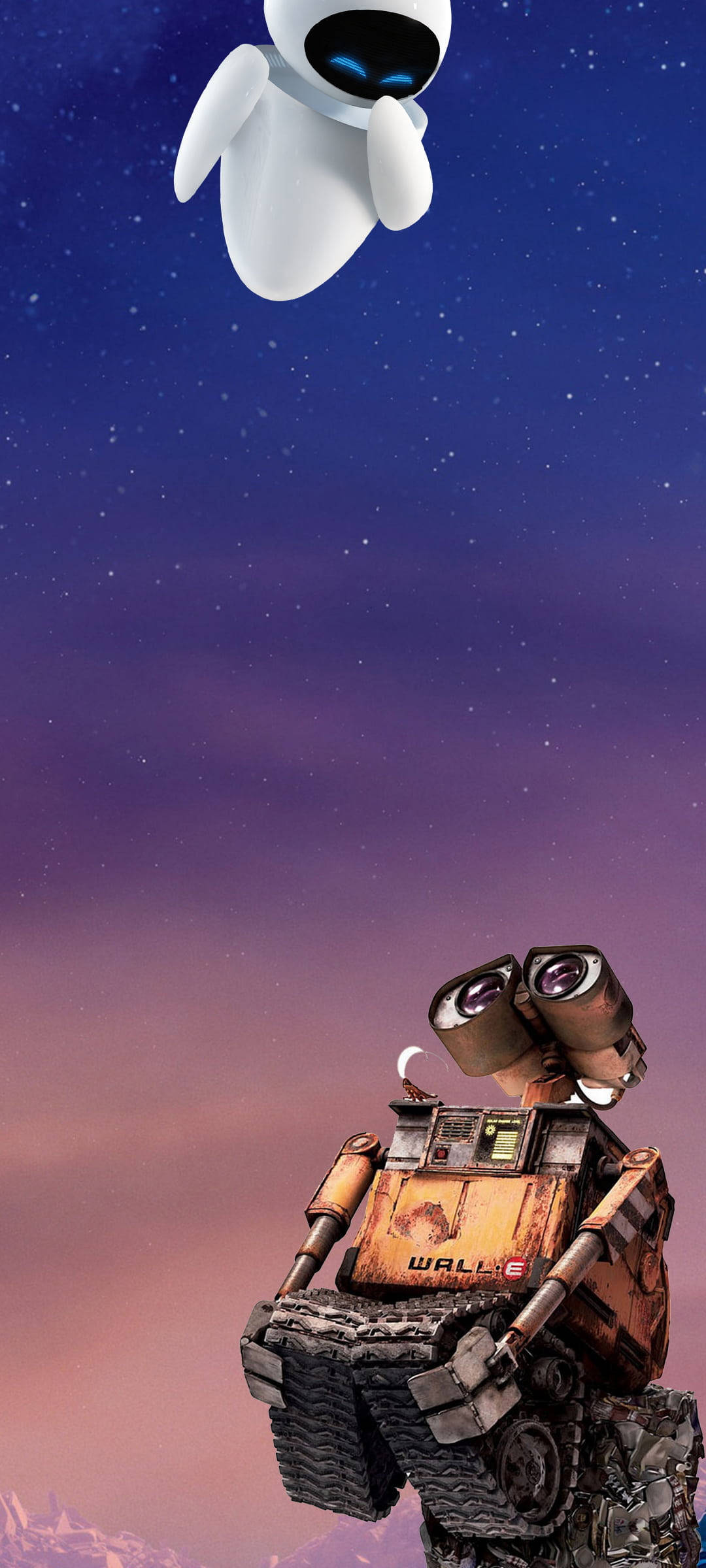 瓦力 桌布 壁紙 — WALL-E 仰望在遙遠山脈上方星空暮色中漂浮的EVE。