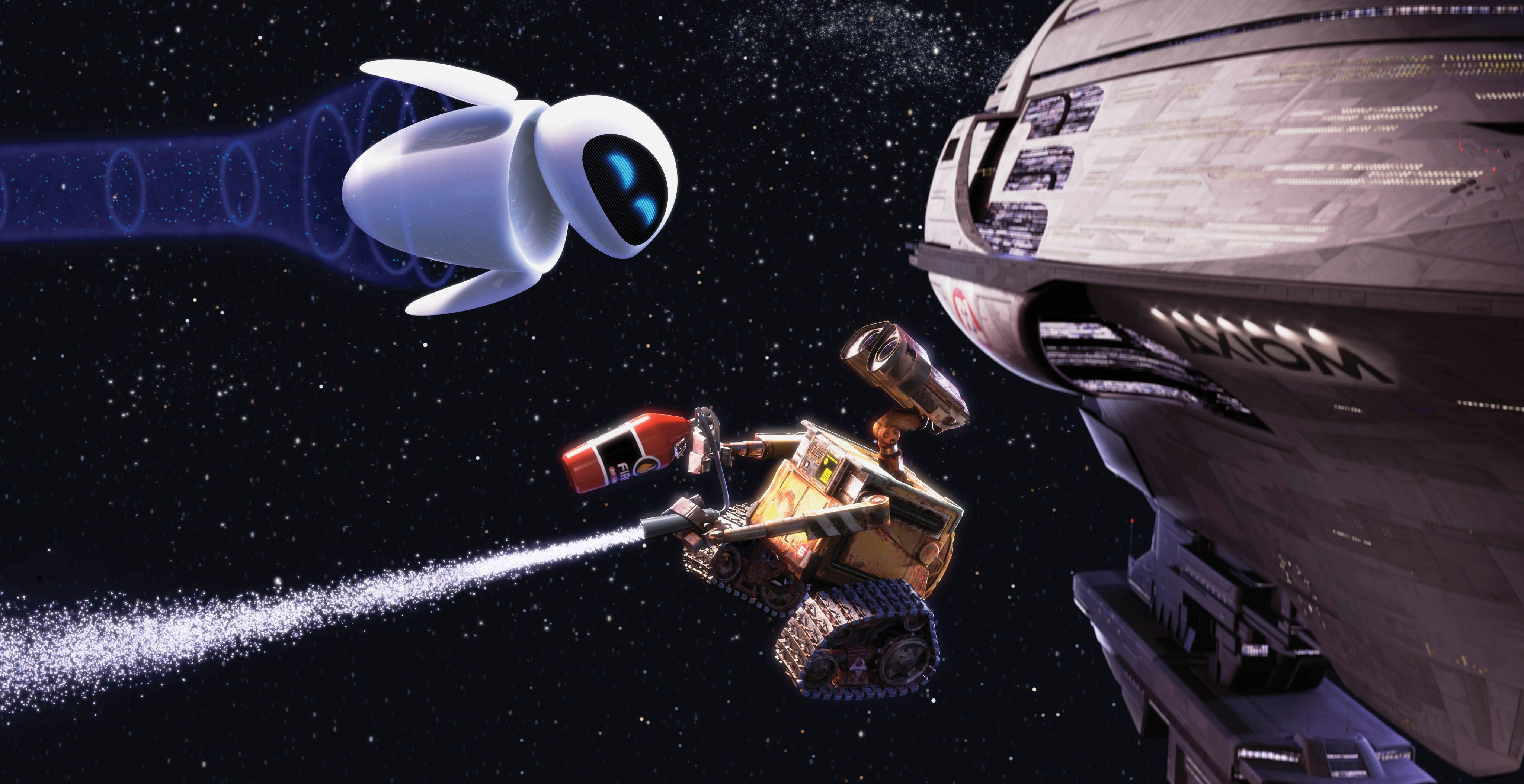 E 桌布 壁紙 — Wall-E 和 Eve 在太空船附近的太空中漂浮，背後有星星。