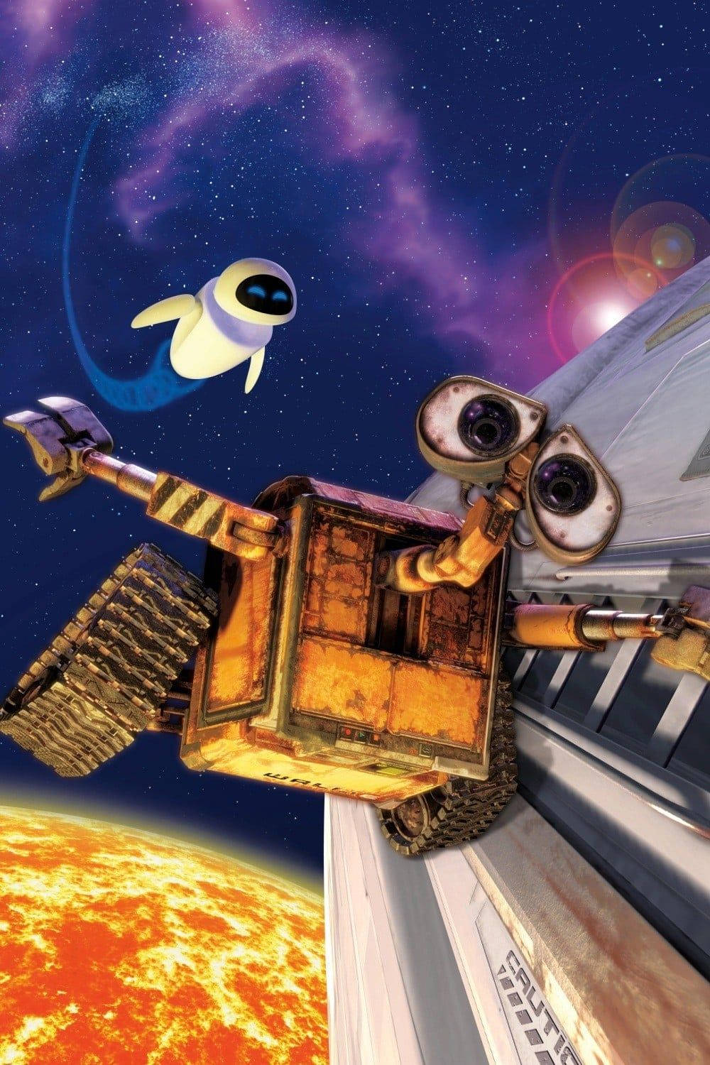 皮克斯 桌布 壁紙 — WALL-E 和 EVE 在太空中漂浮，背景是充滿活力的星雲，下方有一顆發光的橙色行星。