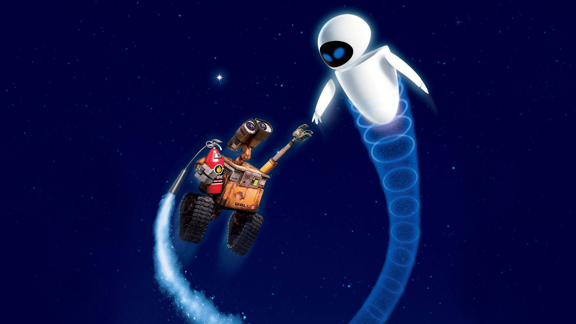 E 桌布 壁紙 — WALL-E 和 EVE 在星空夜空中漂浮，身後留下發光的藍色軌跡。
