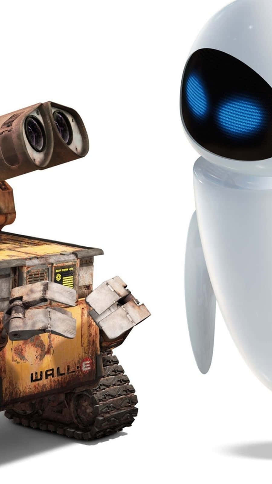 Wall E 桌布 壁紙 — WALL-E 和 EVE 在純白背景前相對而立，它們對比的設計凸顯了機器人形態。