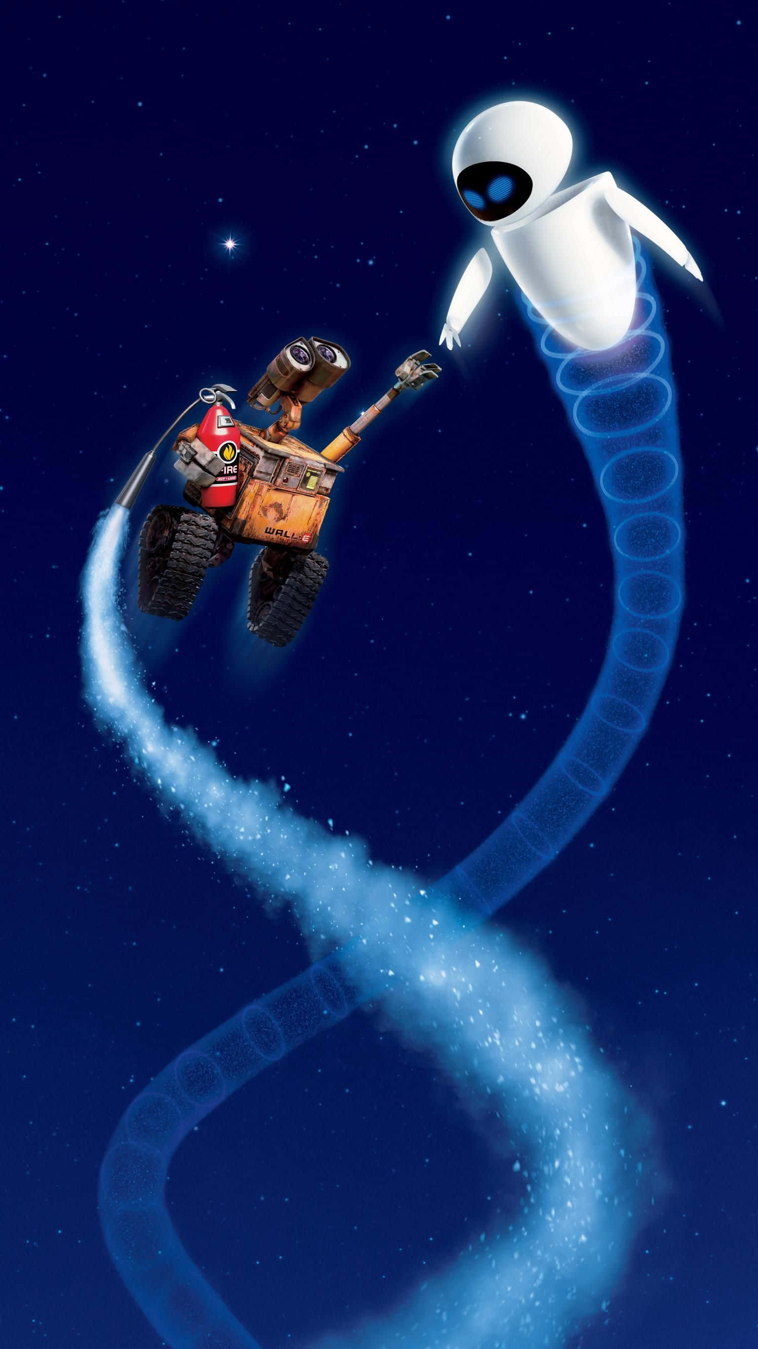 機器人 桌布 壁紙 — Wall-E 和 EVE 在繁星點點的夜空中翱翔，身後留下發光的藍色軌跡。