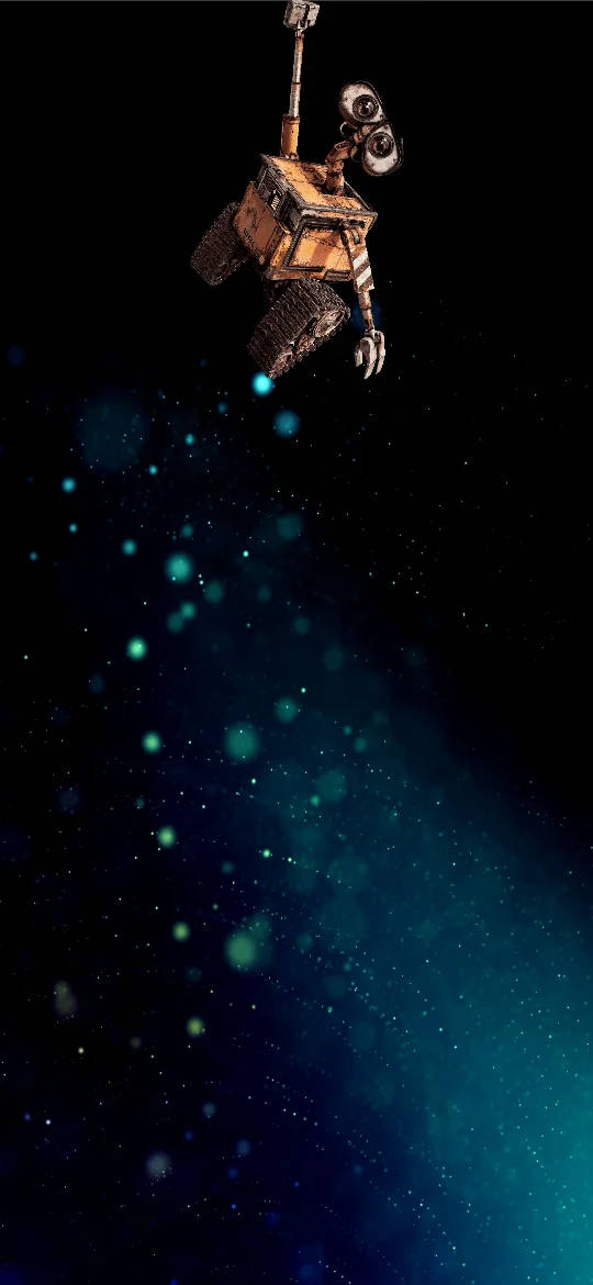 Honor 桌布 壁紙 — Wall-E 在太空中倒轉漂浮，背景是星光閃爍的藍綠色和黑色宇宙，帶有發光粒子。