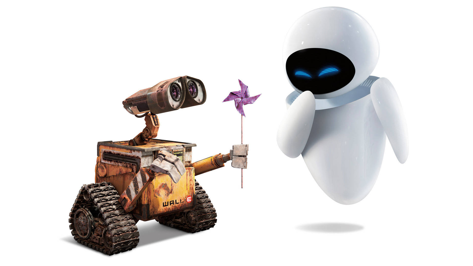 E 桌布 壁紙 — Wall-E 在純白背景上向發光眼睛的白色機器人EVE遞上紫色風車。