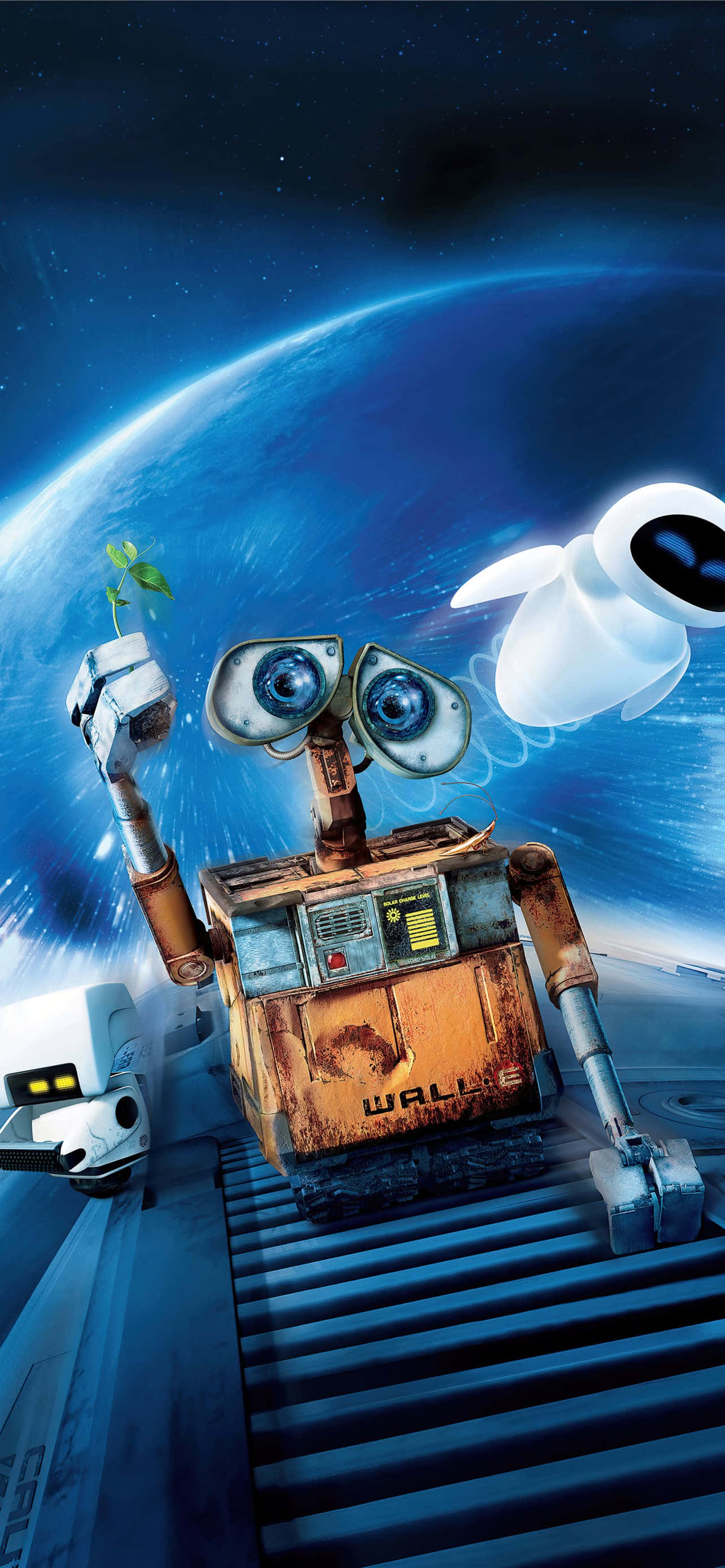 瓦力 桌布 壁紙 — WALL-E 在藍色星球背景下與EVE一起在太空中漂浮，手持一棵幼苗。